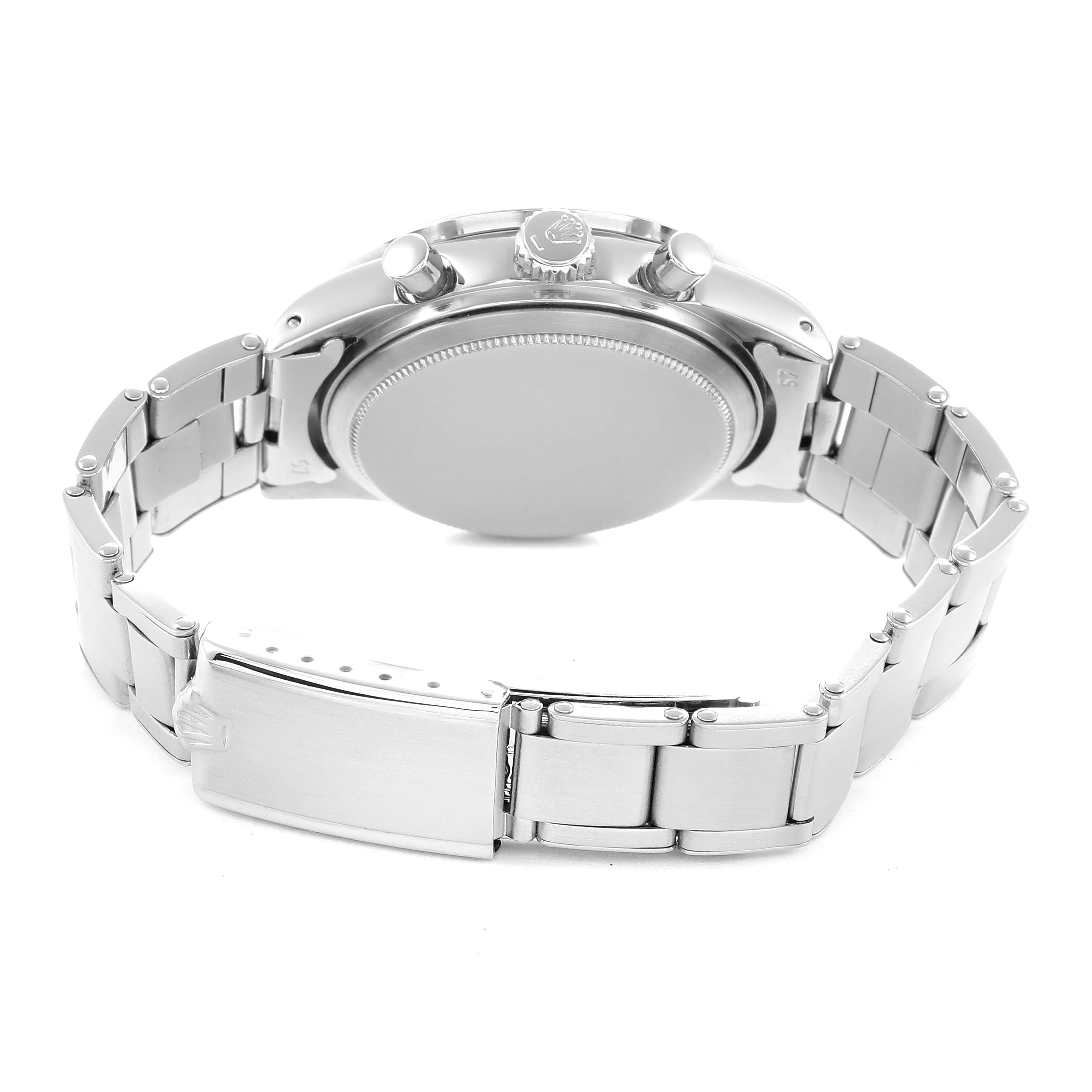 The image shows the Rolex Daytona 6239 Men
s Stainless Steel Black Dial watch from the back, highlighting the bracelet, clasp, case back, crown, and pushers.