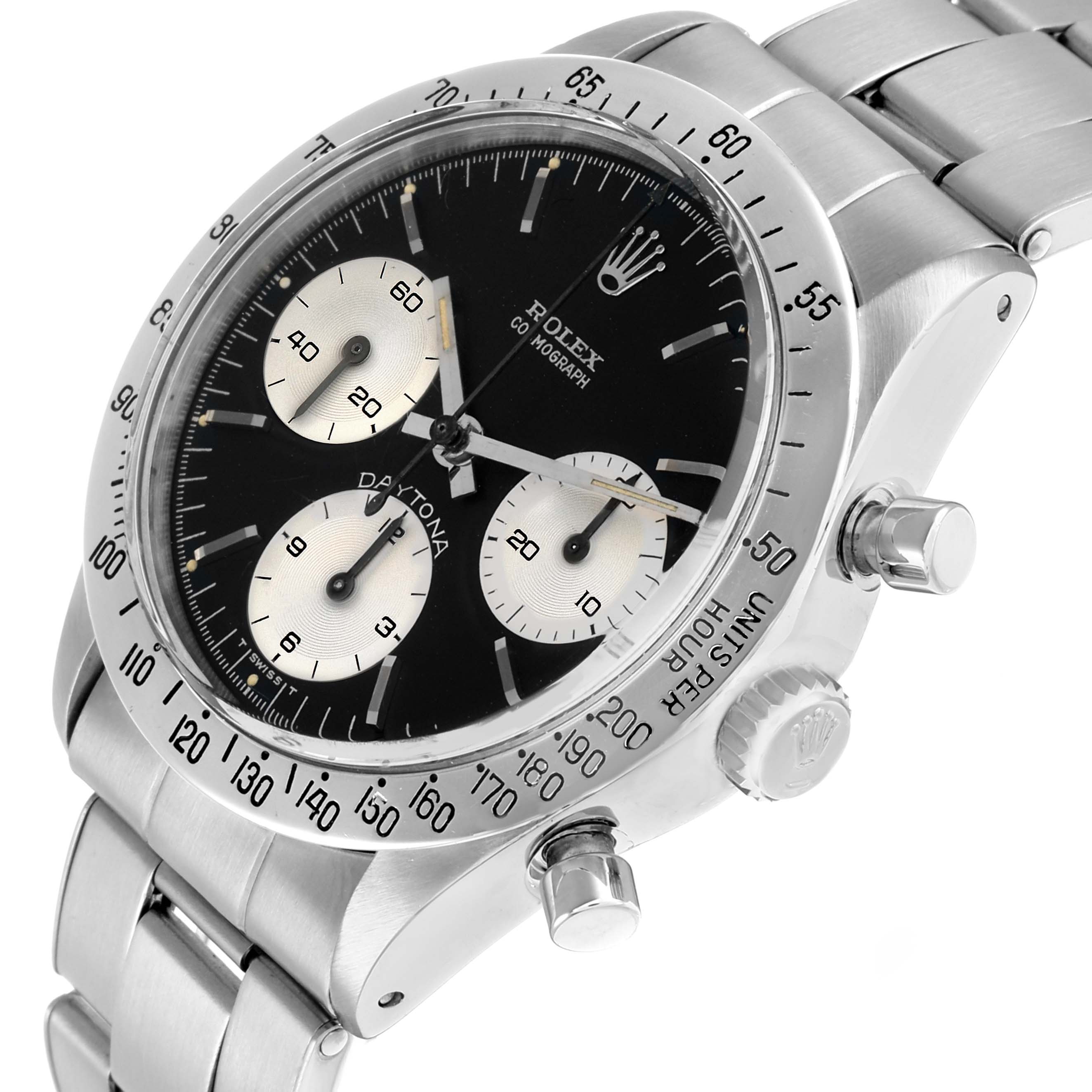 The Rolex Daytona 6239 Men
s Stainless Steel Black Dial watch is shown at an angled view, highlighting the bezel, crown, pushers, and bracelet.