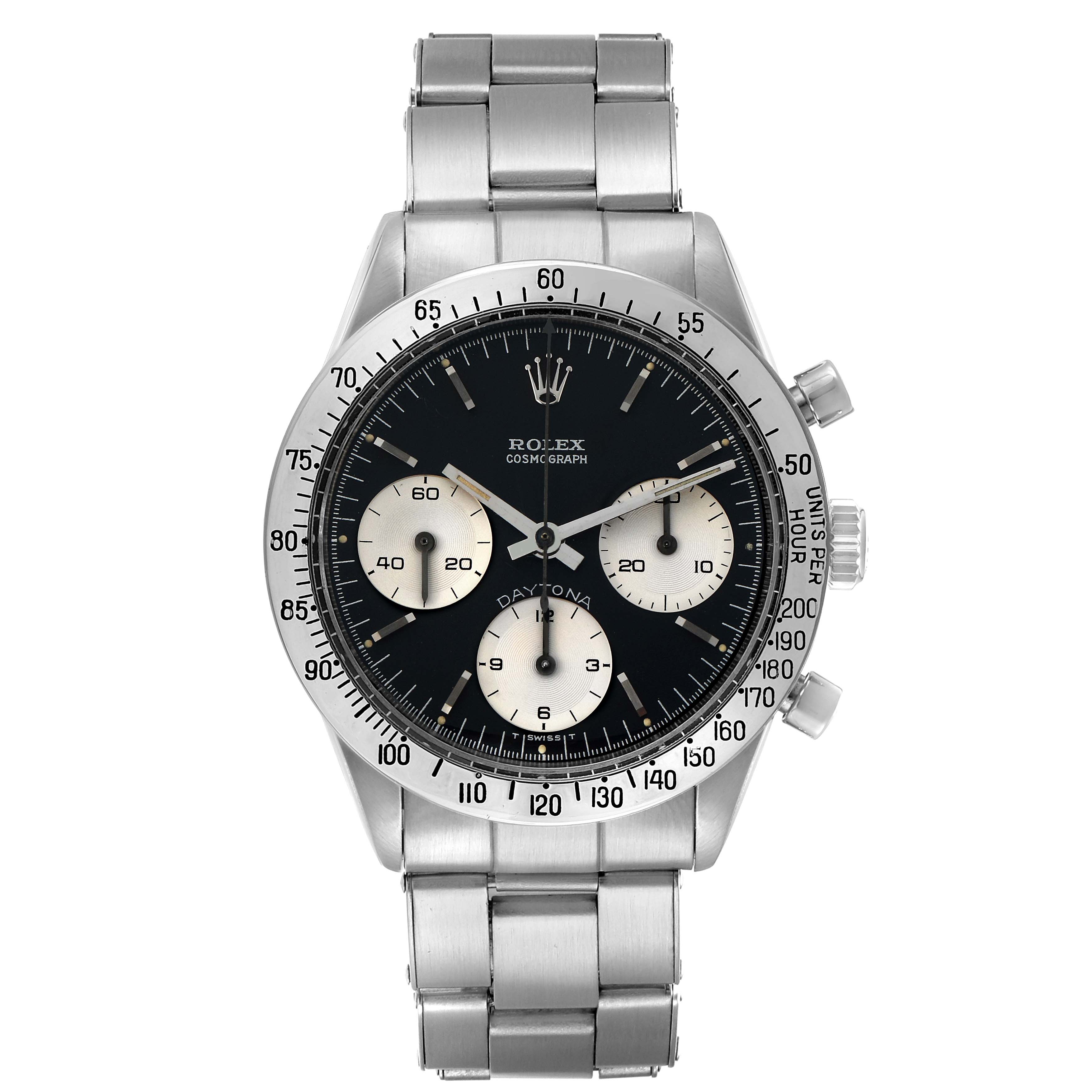 The Rolex Daytona 6239 Men
s Stainless Steel Black Dial watch is shown from a top-down angle, highlighting its face, bezel, and metal bracelet.