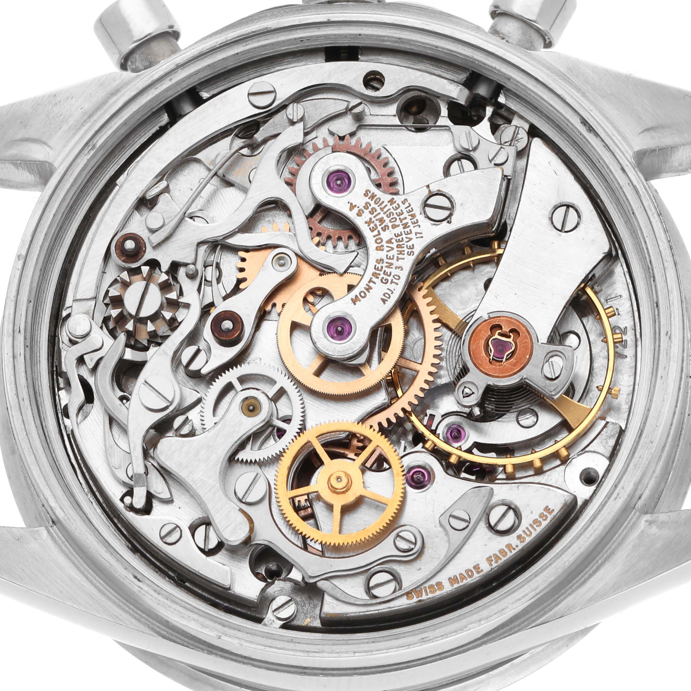 The image shows the intricate movement mechanism of a Rolex Daytona 6239 Men
s Stainless Steel Black Dial watch from a top-down angle.