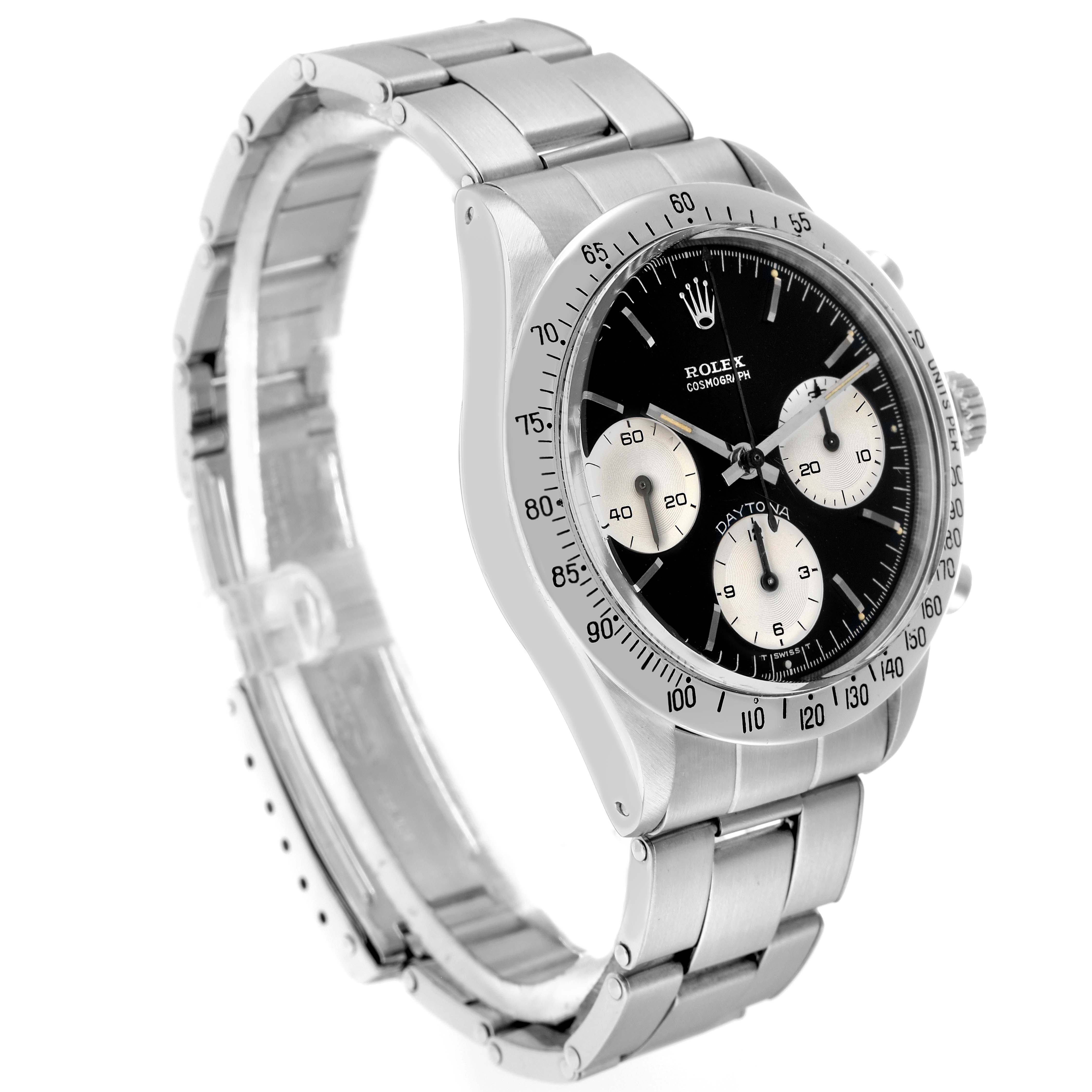 The Rolex Daytona 6239 Men
s Stainless Steel Black Dial watch is shown at a slight angle, highlighting the face, bezel, and stainless steel bracelet.