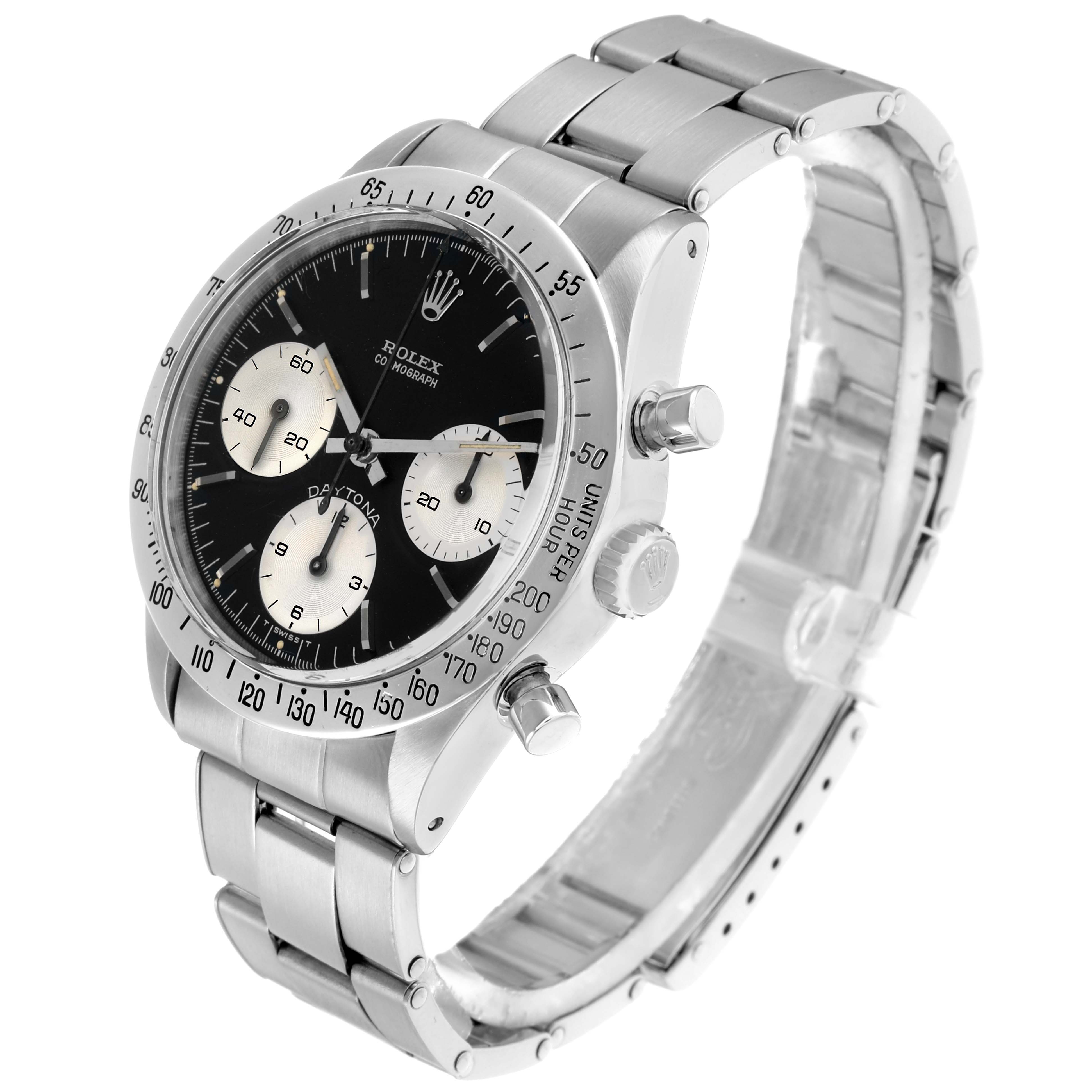 The Rolex Daytona 6239 Men
s Stainless Steel Black Dial watch is shown at a three-quarter angle, highlighting the black dial, subdials, bezel, crown, and bracelet.