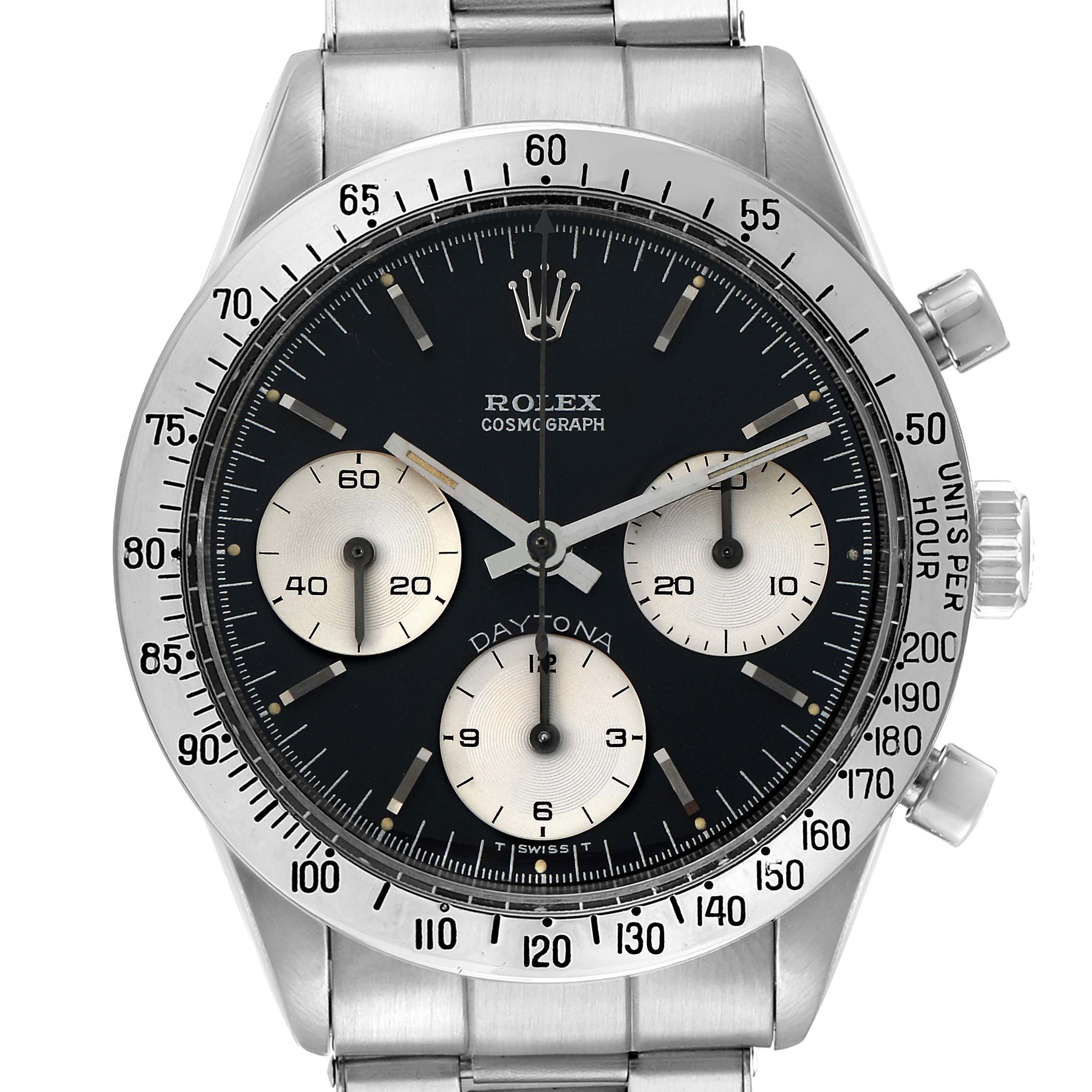 The image shows a frontal view of a Rolex Daytona 6239 Men
s Stainless Steel Black Dial watch, highlighting the dial, bezel, and three sub-dials.