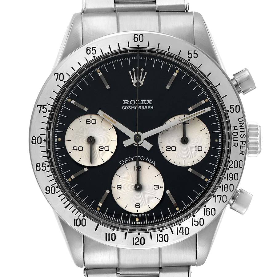 The image shows a frontal view of a Rolex Daytona 6239 Men's Stainless Steel Black Dial watch, highlighting the dial, bezel, and three sub-dials.