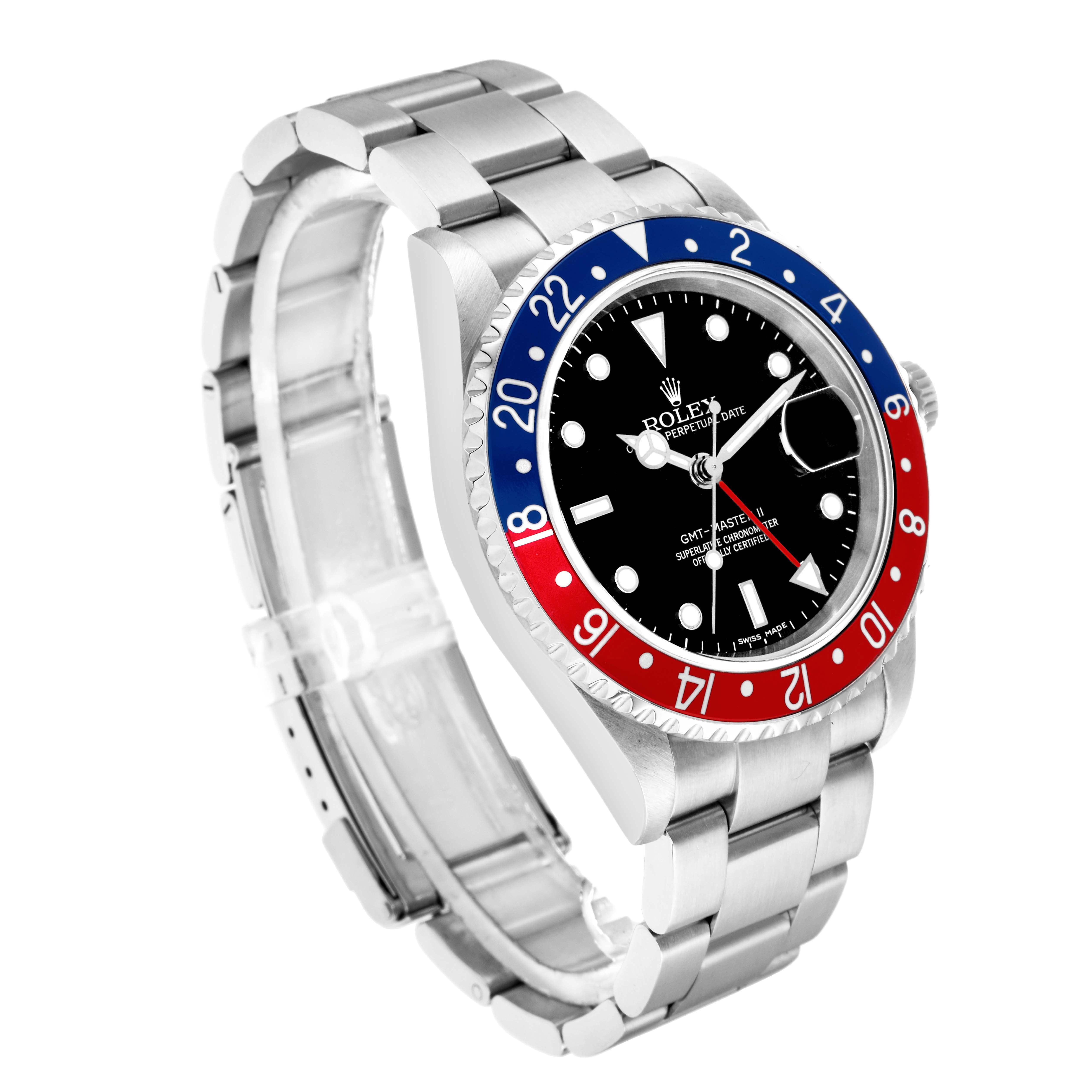 The Rolex GMT-Master 16710 Men
s Stainless Steel Black Dial watch is shown at a three-quarter angle, displaying the bezel, dial, and bracelet prominently.