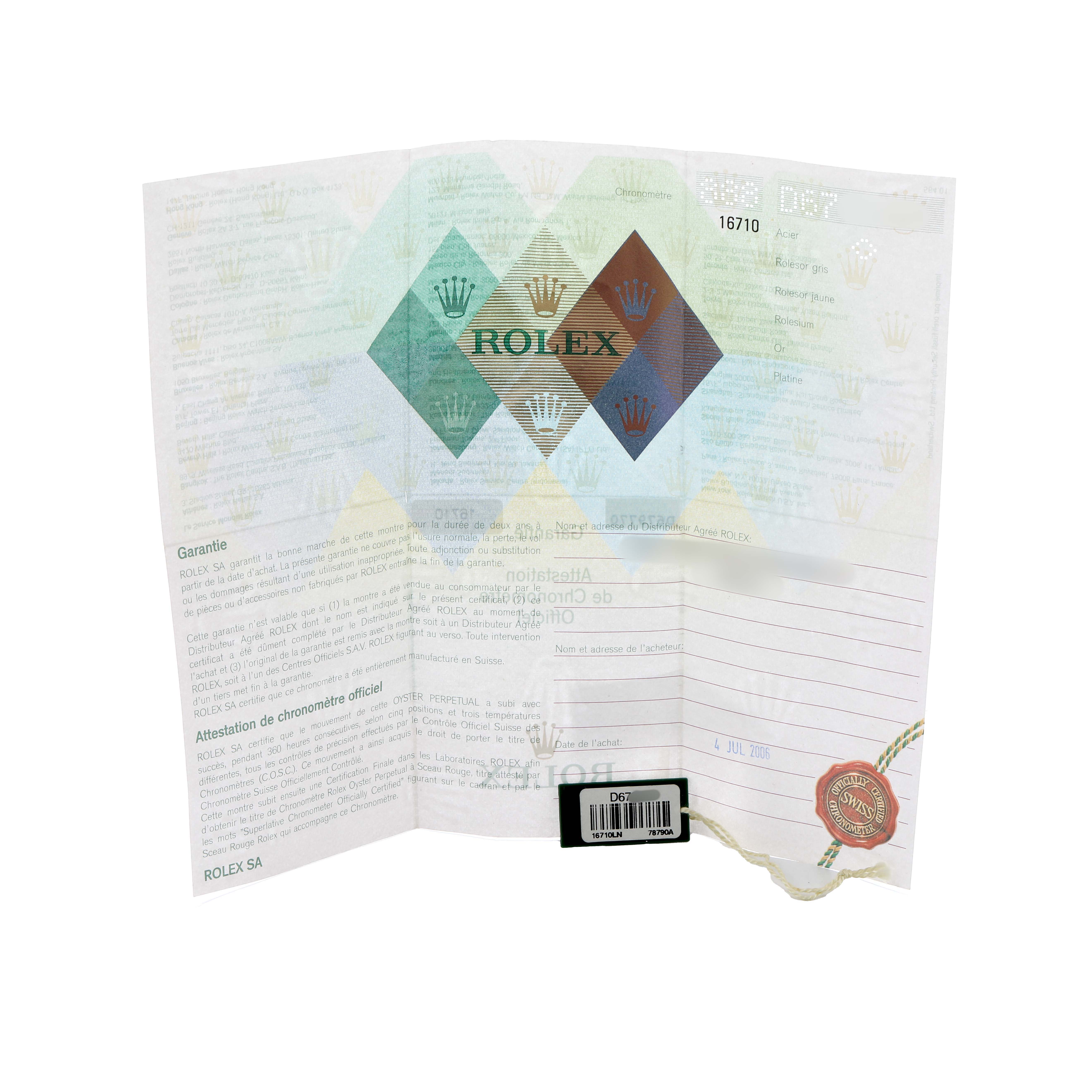 The image shows the warranty certificate for a Rolex GMT-Master 16710 Men
s Stainless Steel Black Dial watch, not the watch itself.