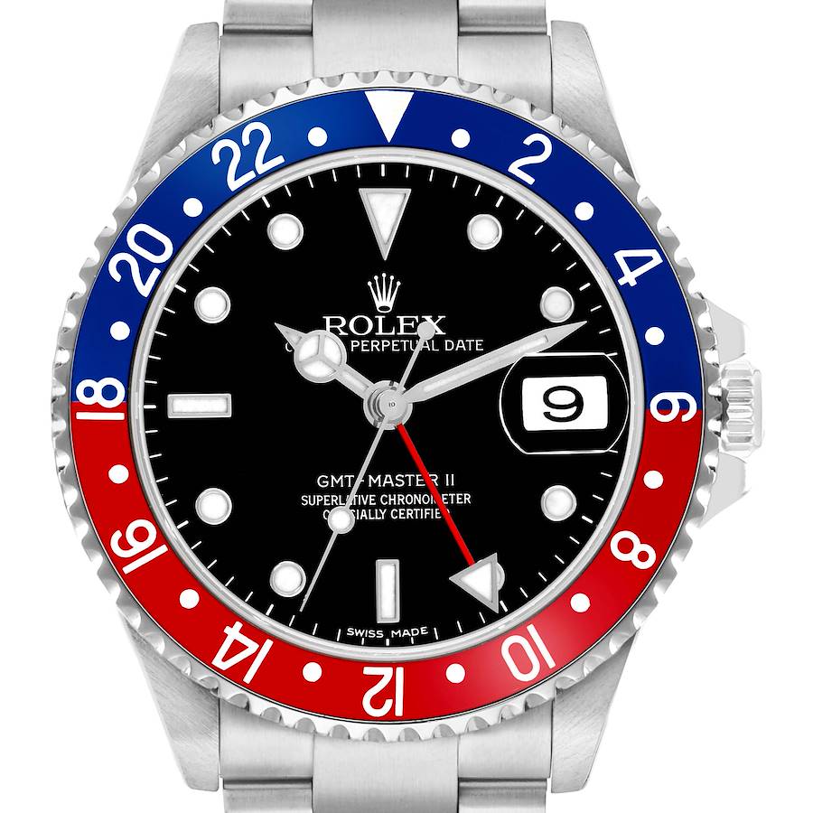The Rolex GMT-Master 16710 Men's Stainless Steel Black Dial watch is shown from a front angle, displaying the bezel, dial, hands, and date window.
