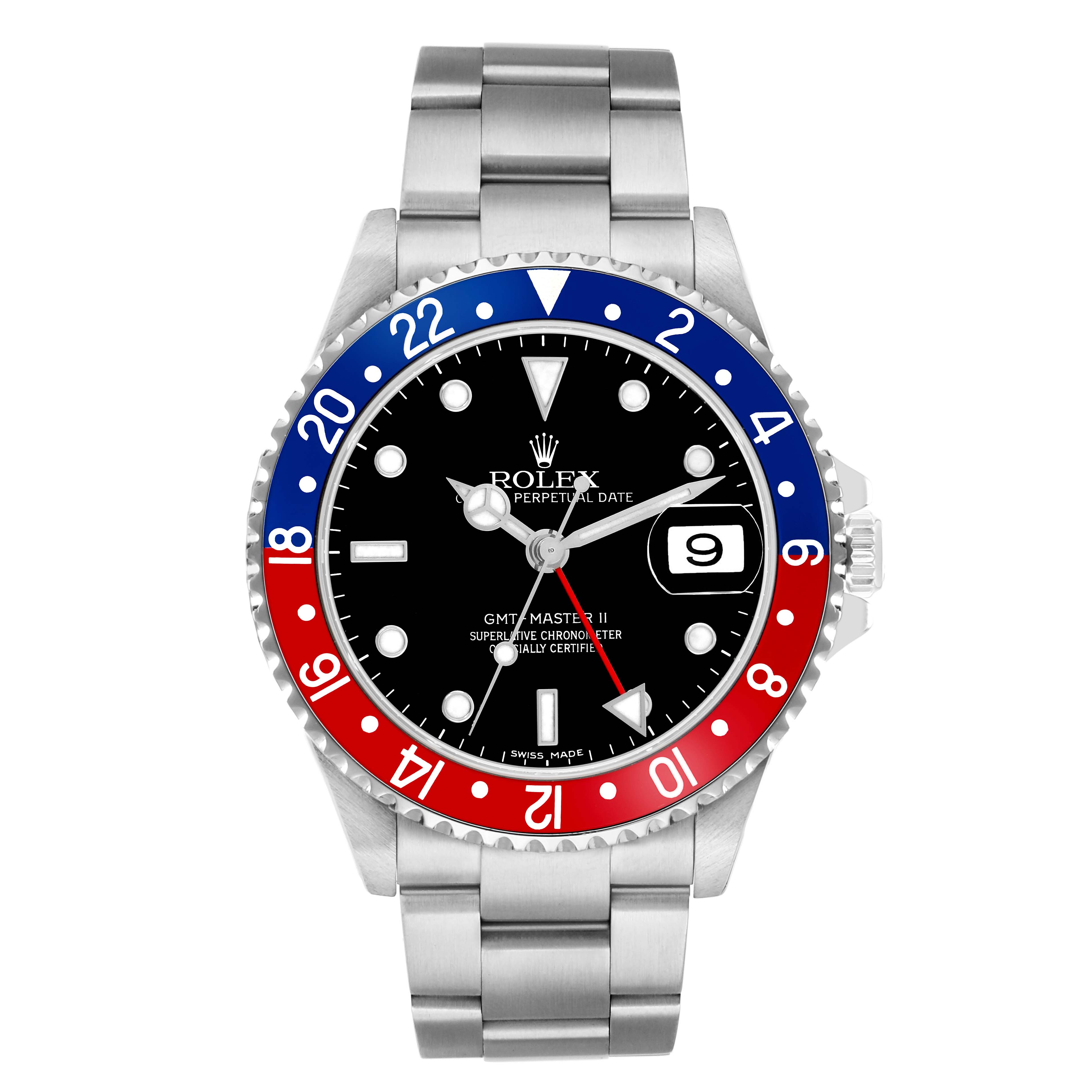 The image shows a Rolex GMT-Master 16710 Men
s Stainless Steel Black Dial II watch from a front angle, highlighting the bezel, dial, and bracelet.