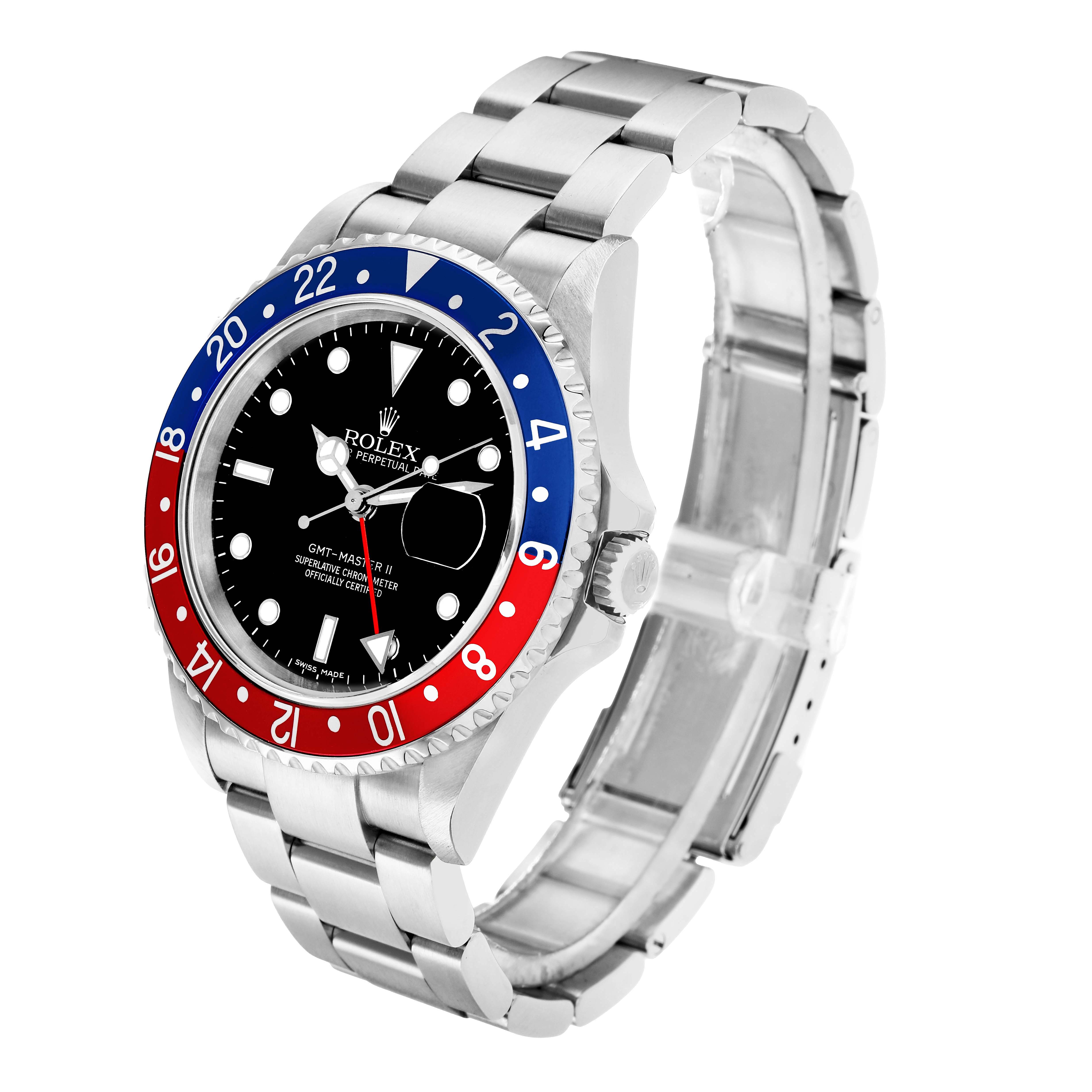 The Rolex GMT-Master 16710 Men
s Stainless Steel Black Dial watch is shown at a three-quarter angle, displaying its bezel, crown, dial, and bracelet.