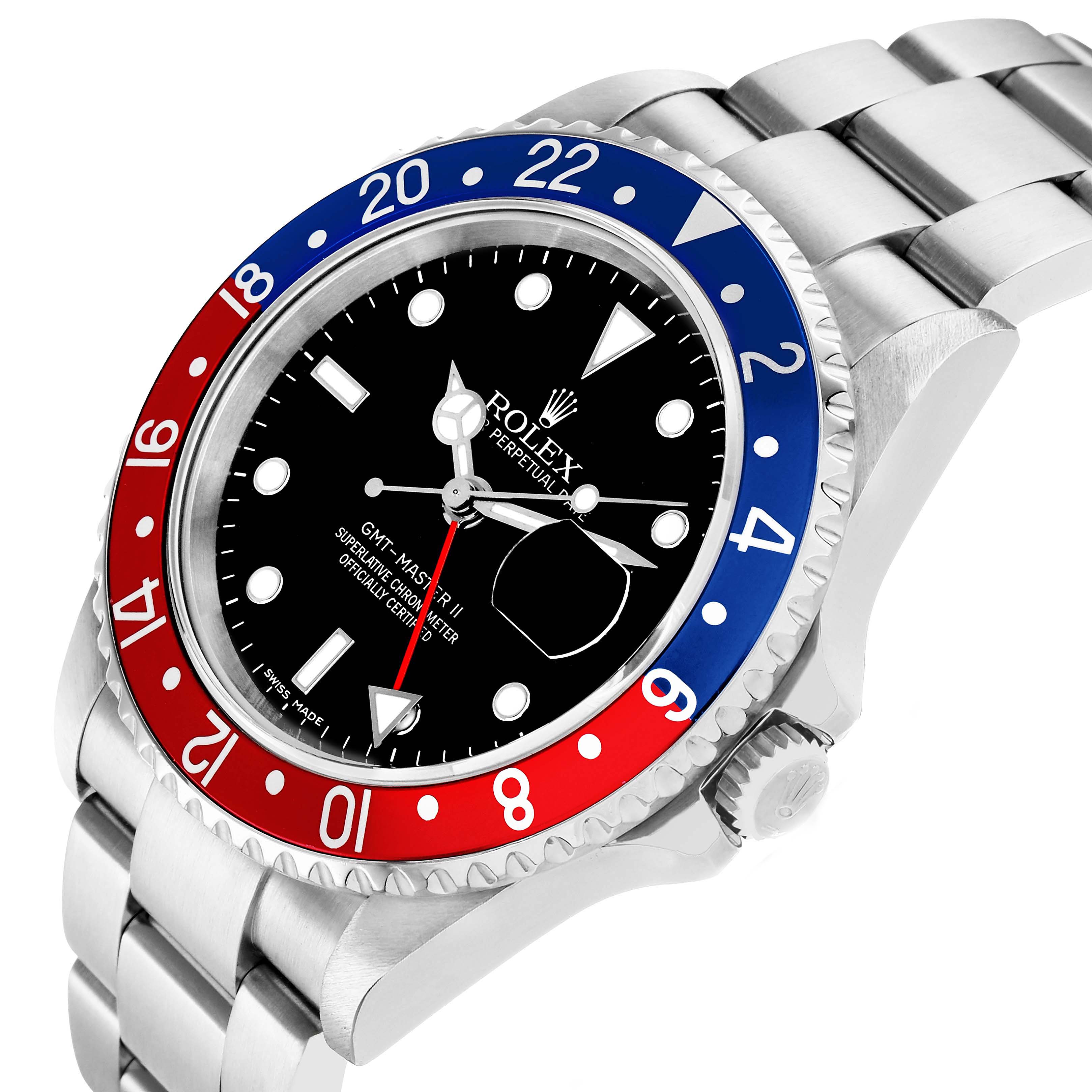 The Rolex GMT-Master 16710 Men
s Stainless Steel Black Dial watch is shown at an angled view, highlighting the bezel, crown, dial, and part of the bracelet.