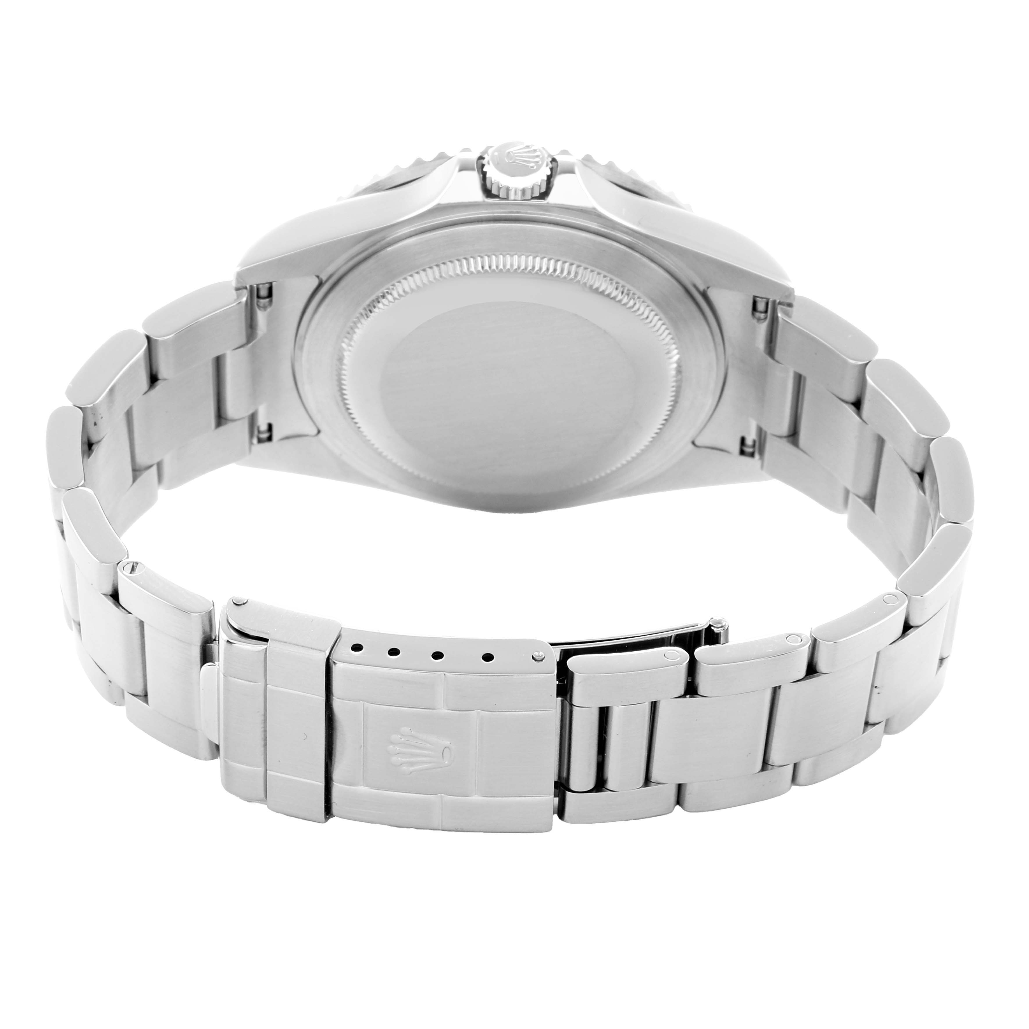 The image shows the back view of a Rolex GMT-Master 16710 Men
s Stainless Steel Black Dial watch, highlighting the case back, crown, and bracelet.