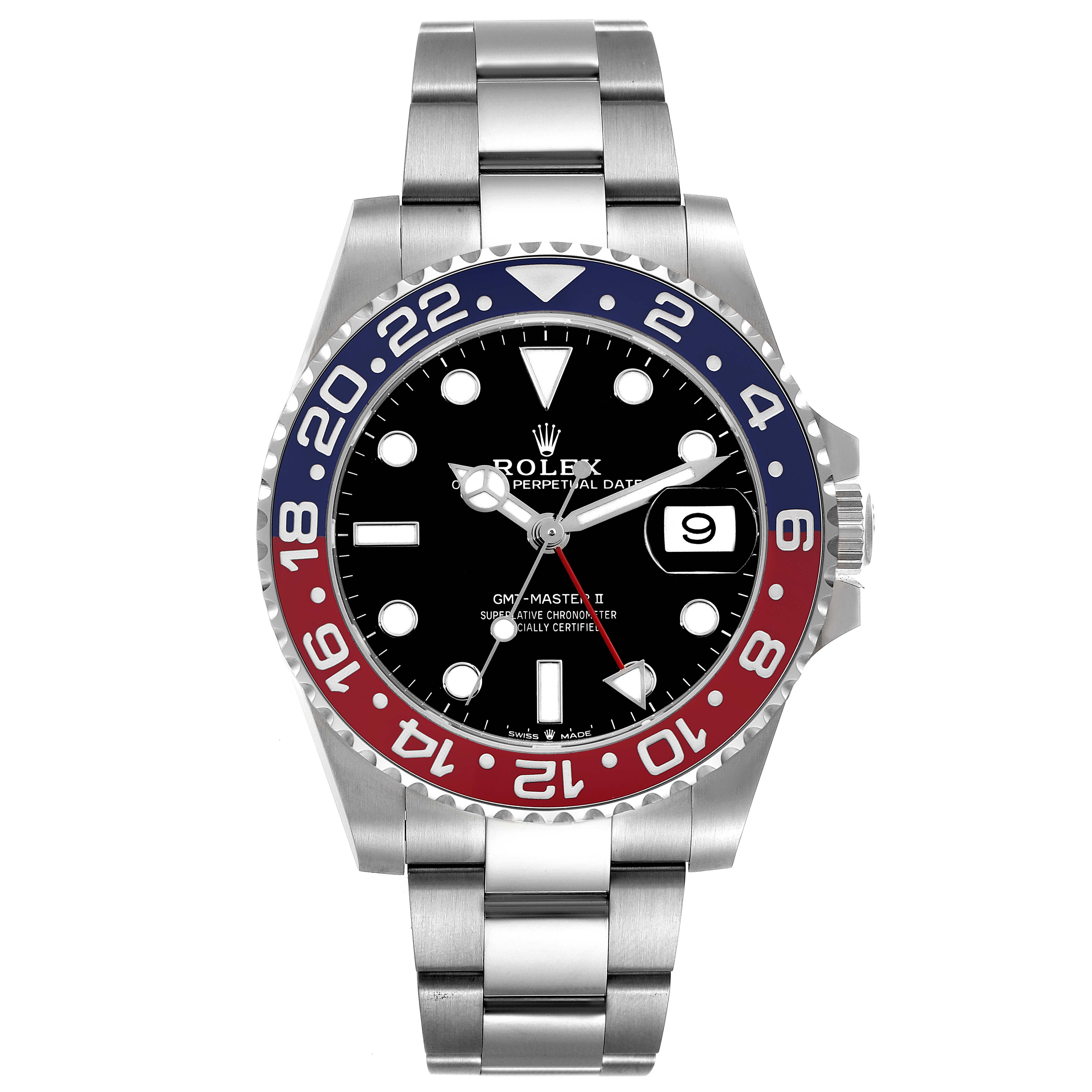 The image shows a front view of a Rolex GMT-Master 126710 Men's Stainless Steel Black Dial 126710 Men's Stainless Steel Black Dial watch, highlighting its bezel, face, and bracelet.