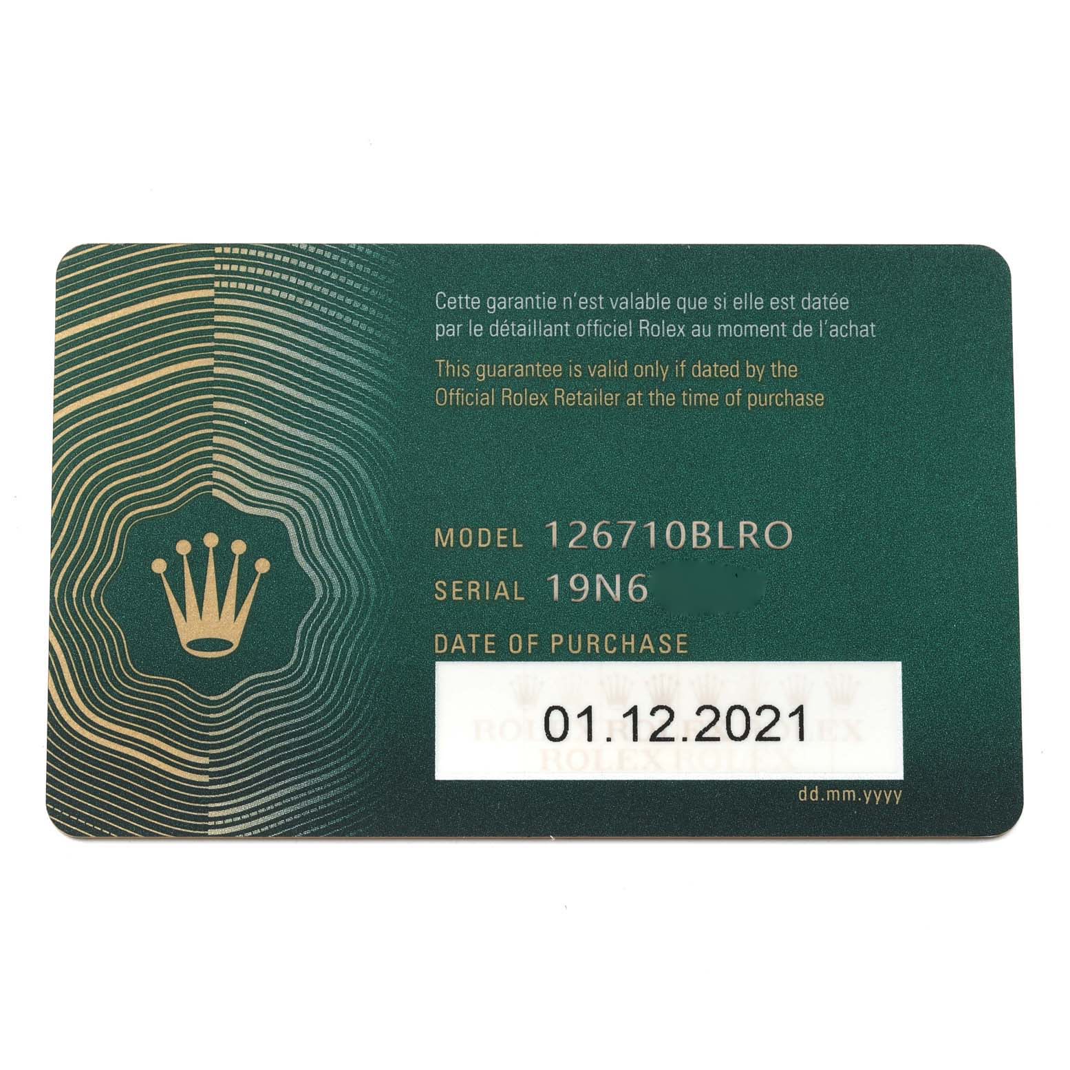 This is a warranty card for the Rolex GMT-Master 126710 Men's Stainless Steel Black Dial 126710 Men's Stainless Steel Black Dial model 126710BLRO, showing serial number and purchase date.