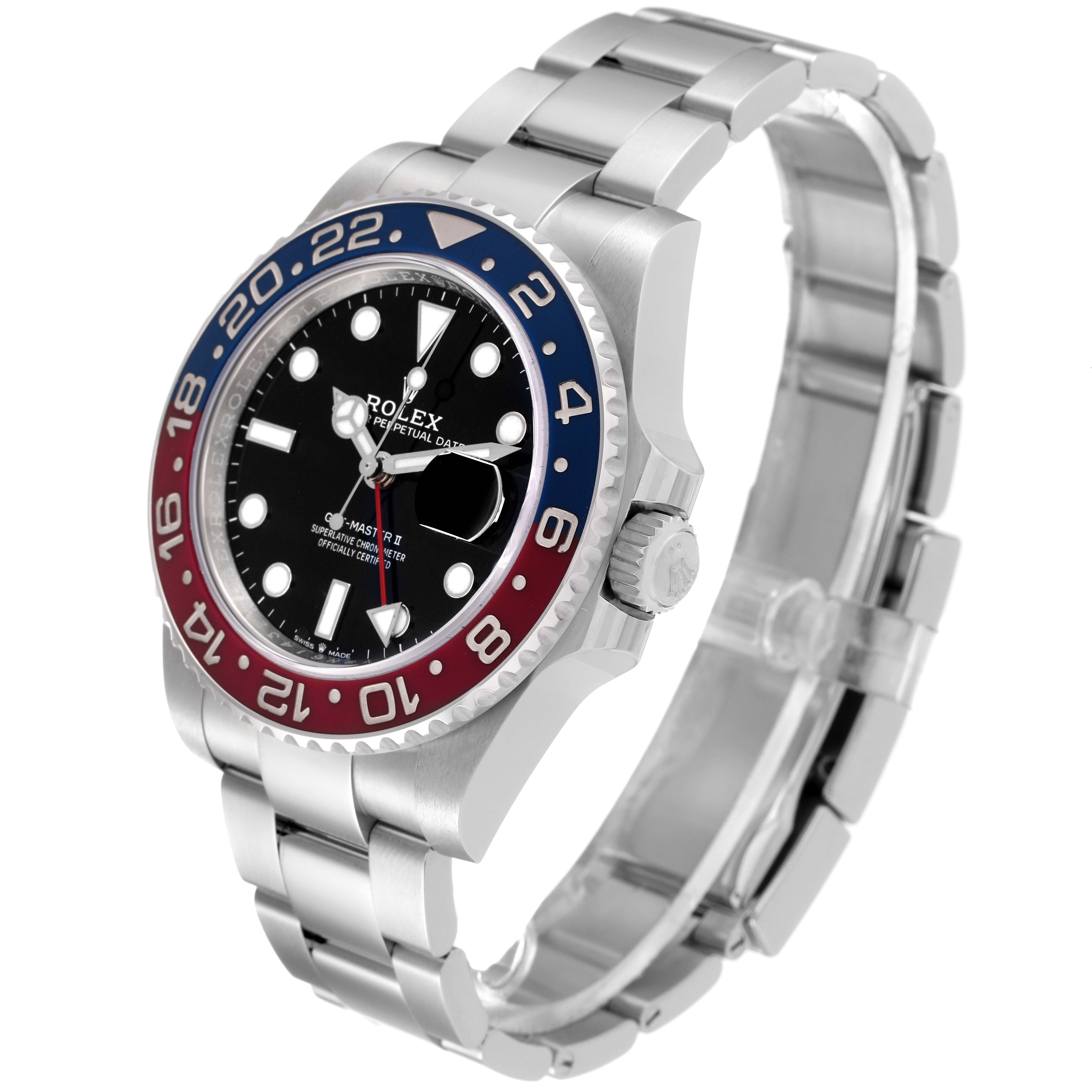 The image shows a Rolex GMT-Master 126710 Men's Stainless Steel Black Dial 126710 Men's Stainless Steel Black Dial watch at a three-quarter angle, highlighting the bezel, dial, and bracelet.
