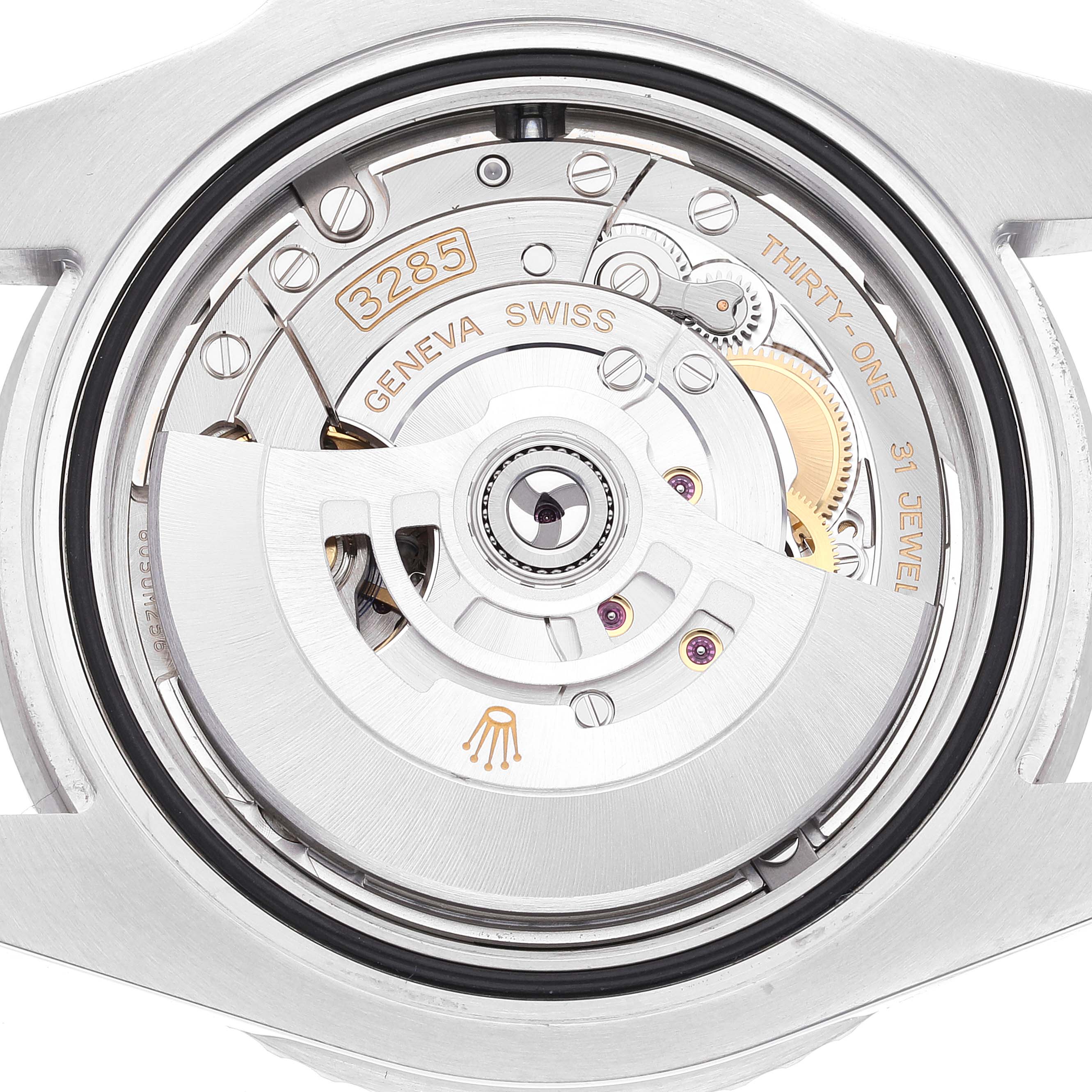 The image shows the back view of a Rolex GMT-Master 126710 Men's Stainless Steel Black Dial 126710 Men's Stainless Steel Black Dial watch, displaying its intricate 3285 movement and internal mechanics.