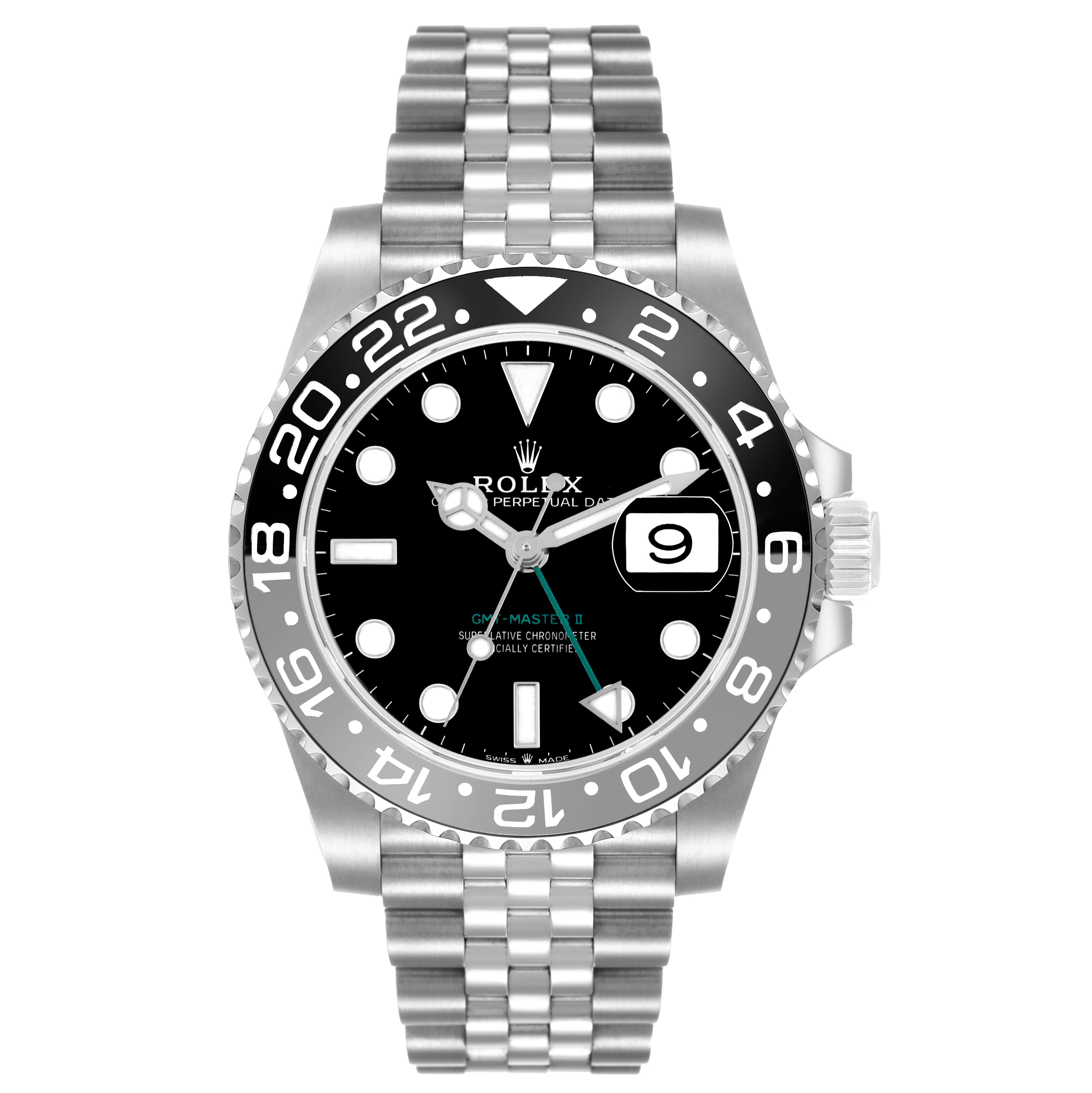 The Rolex GMT-Master 126710GRNR Men's Stainless Steel Black Dial watch is shown from the front, highlighting its bezel, dial, hands, and bracelet.