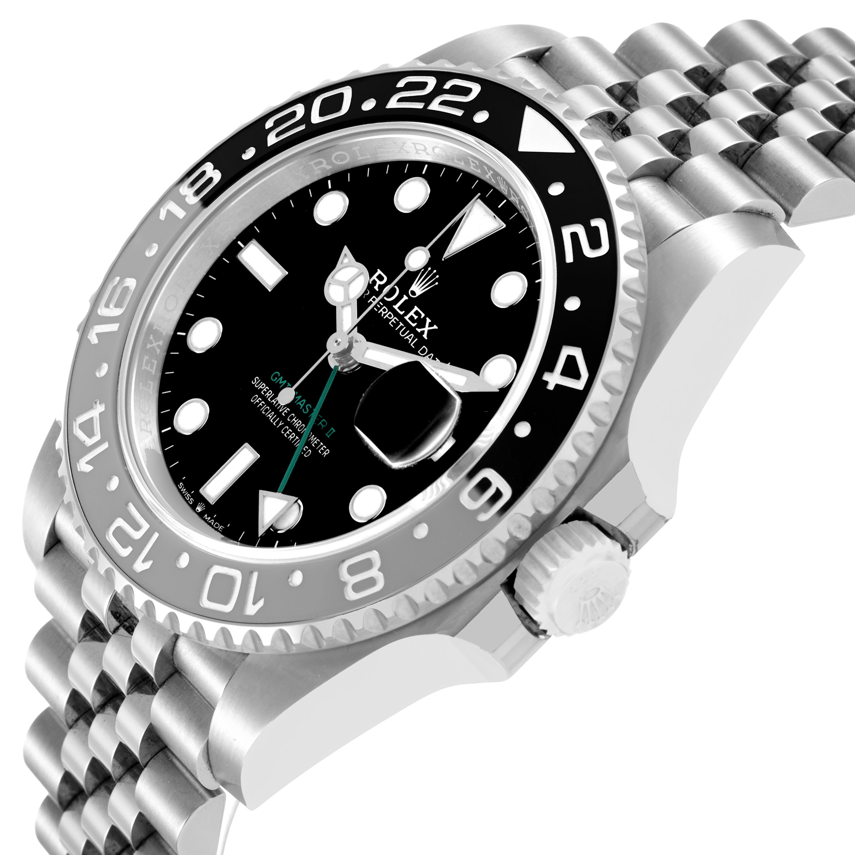 The Rolex GMT-Master 126710GRNR Men's Stainless Steel Black Dial watch is shown at a three-quarter angle, highlighting the face, bezel, and partially the crown and bracelet.
