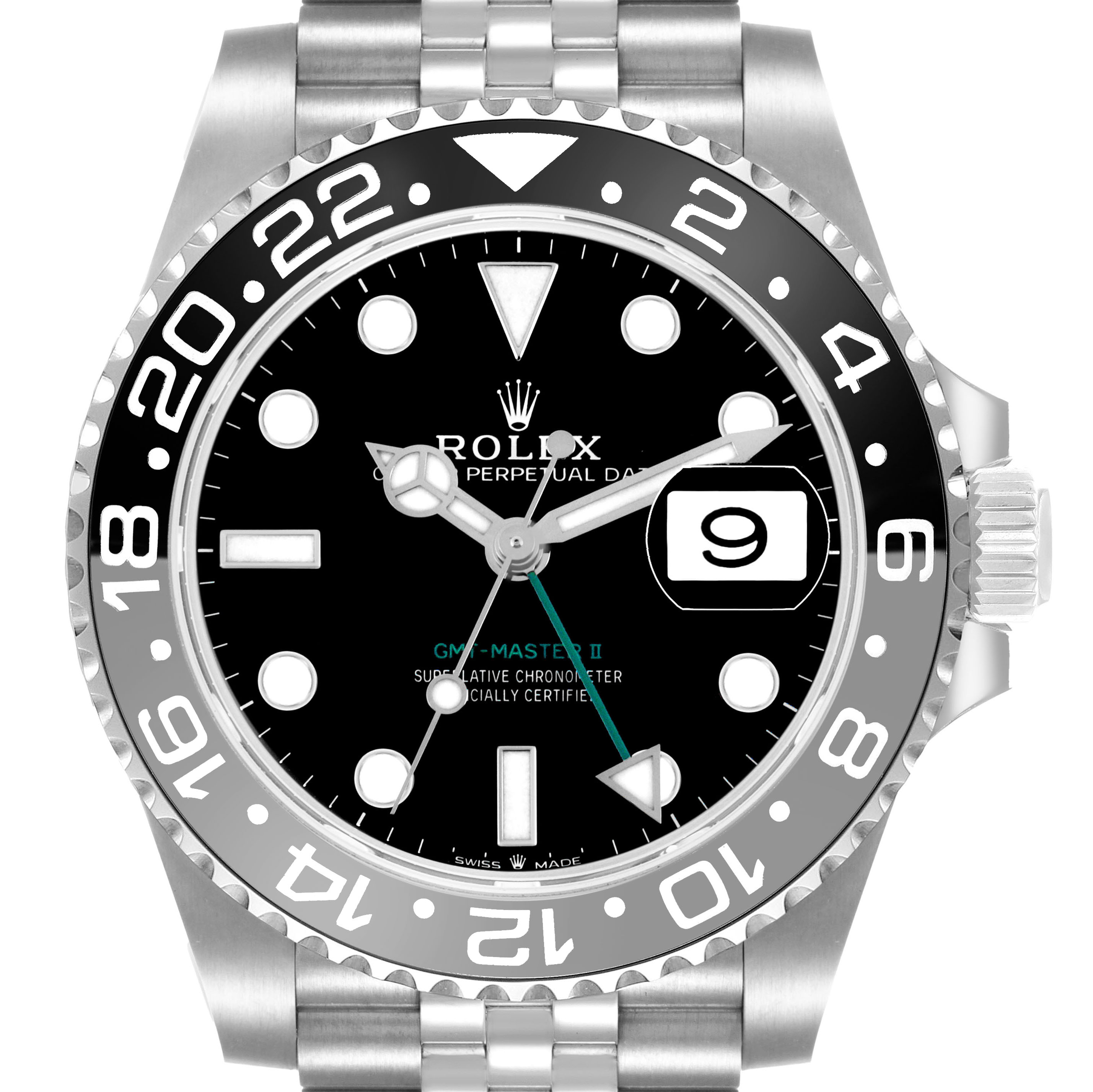 The Rolex GMT-Master 126710GRNR Men's Stainless Steel Black Dial watch is shown from the front, highlighting the bezel, dial, hands, bracelet, and crown.