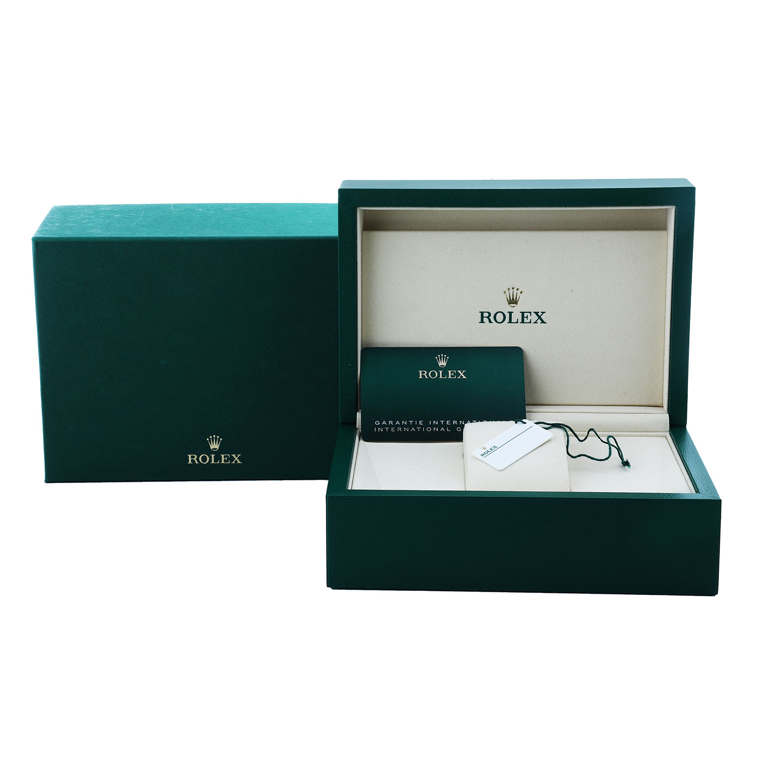 The image shows the packaging and accessories for a Rolex GMT-Master 126710GRNR Men's Stainless Steel Black Dial, including the box and tags.