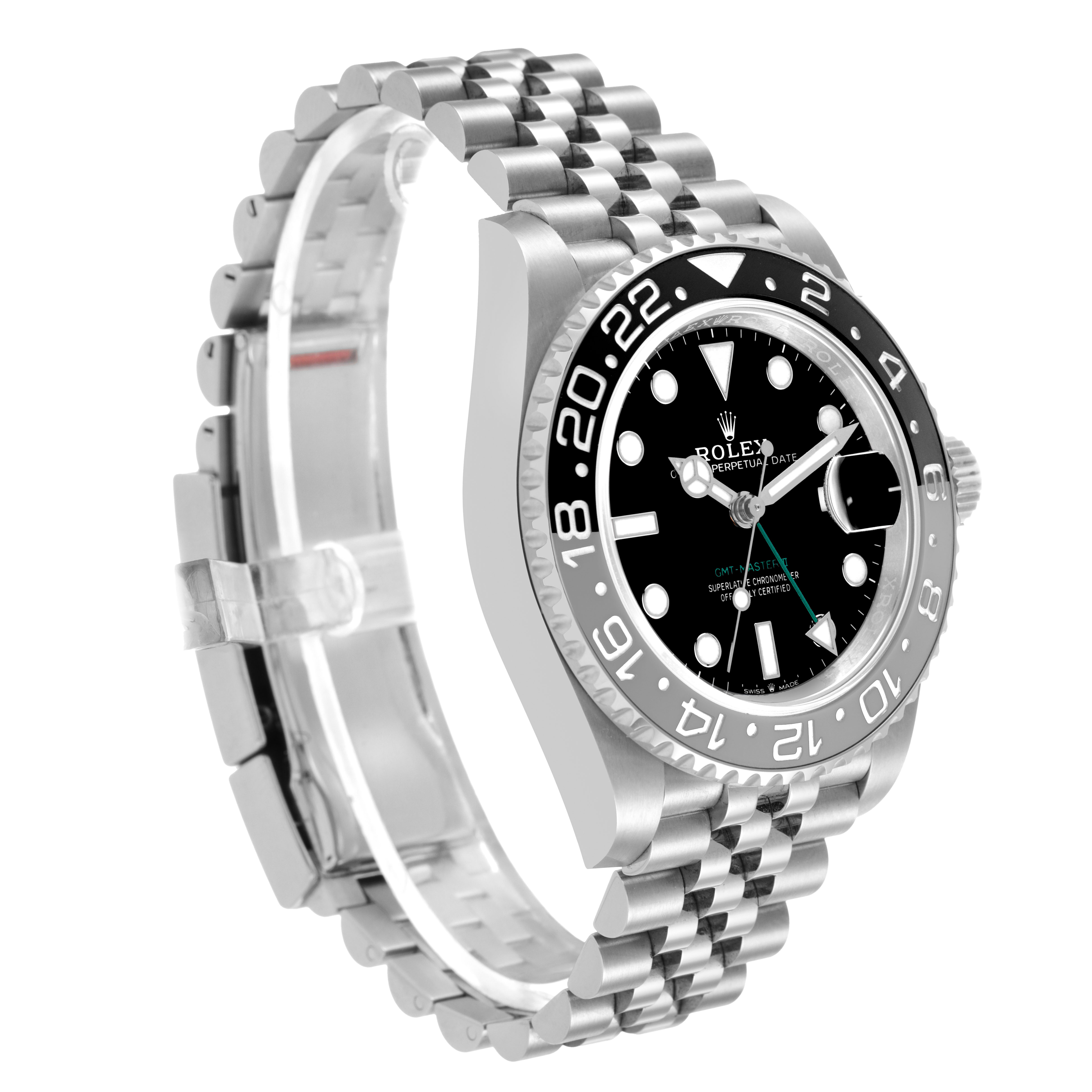 The Rolex GMT-Master 126710GRNR Men's Stainless Steel Black Dial watch is shown at a slight angle, displaying the face, bezel, and partial bracelet.