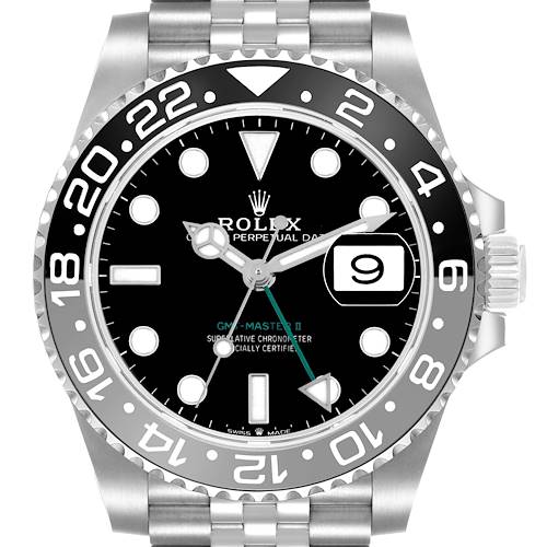 This image shows the Rolex GMT-Master 126710GRNR Men's Stainless Steel Black Dial II watch face straight on, highlighting the bezel, dial, and bracelet.