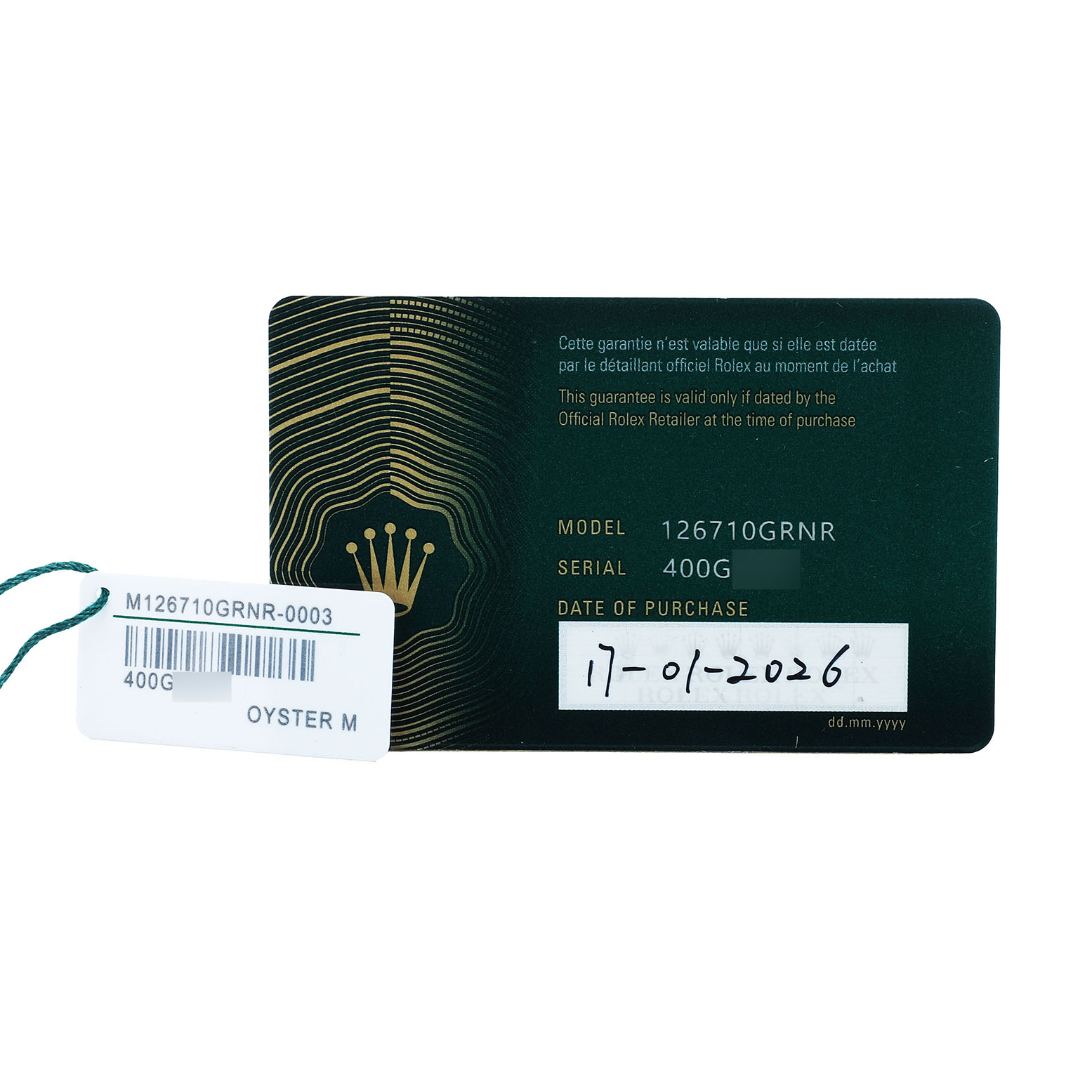 The image shows a warranty card and tag for the Rolex GMT-Master 126710GRNR Men's Stainless Steel Black Dial model 126710GRNR.
