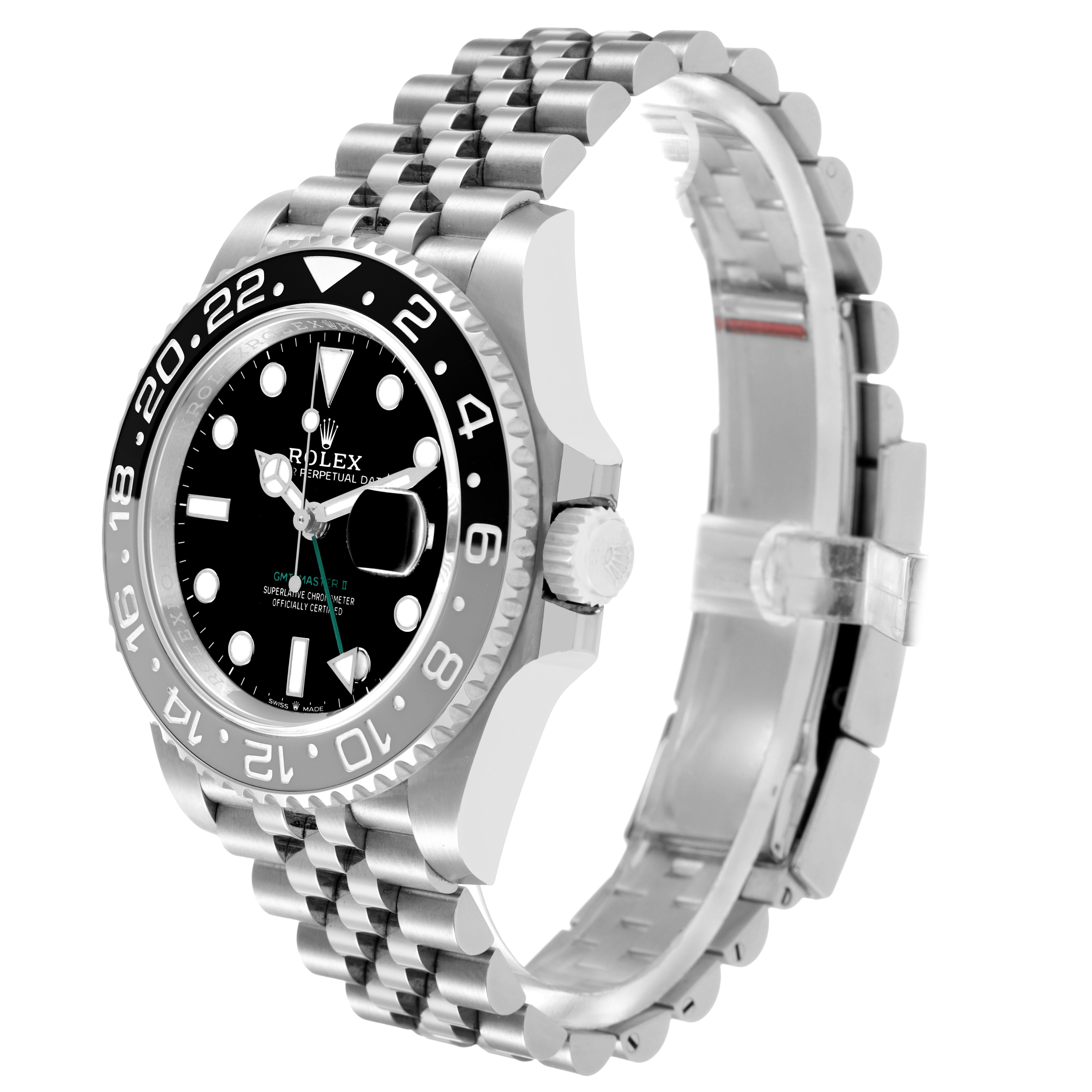 The Rolex GMT-Master 126710GRNR Men's Stainless Steel Black Dial watch is shown at an angled side view, highlighting the bezel, crown, and jubilee bracelet.