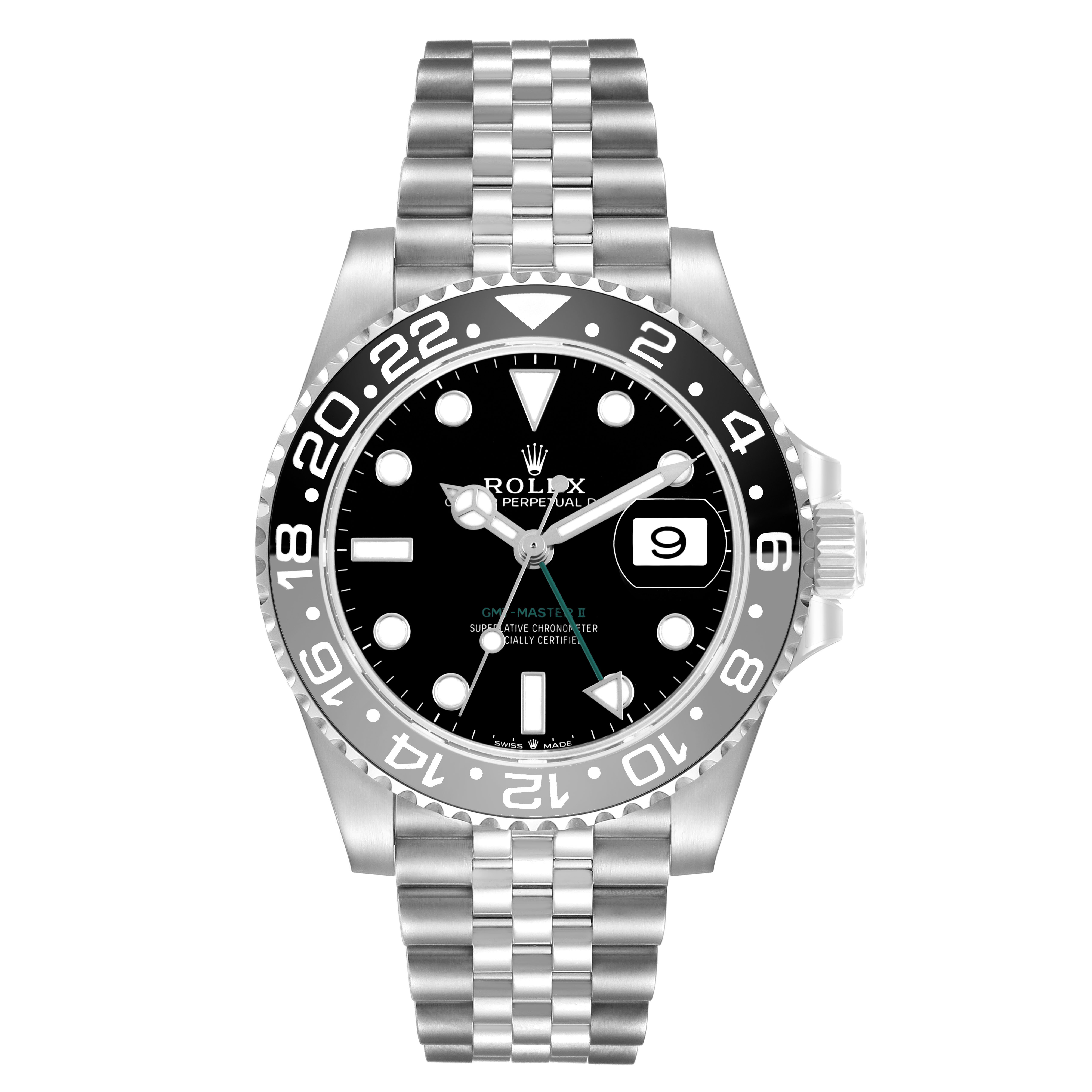 The image shows a front view of the Rolex GMT-Master 126710GRNR Men's Stainless Steel Black Dial II watch, displaying its dial, bezel, and bracelet.
