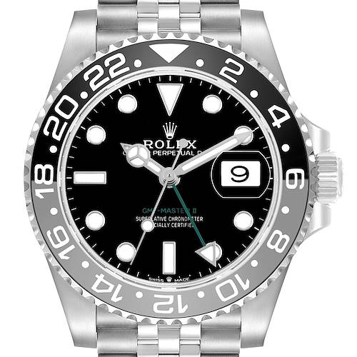 The Rolex GMT-Master 126710GRNR Men's Stainless Steel Black Dial II watch is shown from a front angle, displaying its dial, bezel, and part of the bracelet.