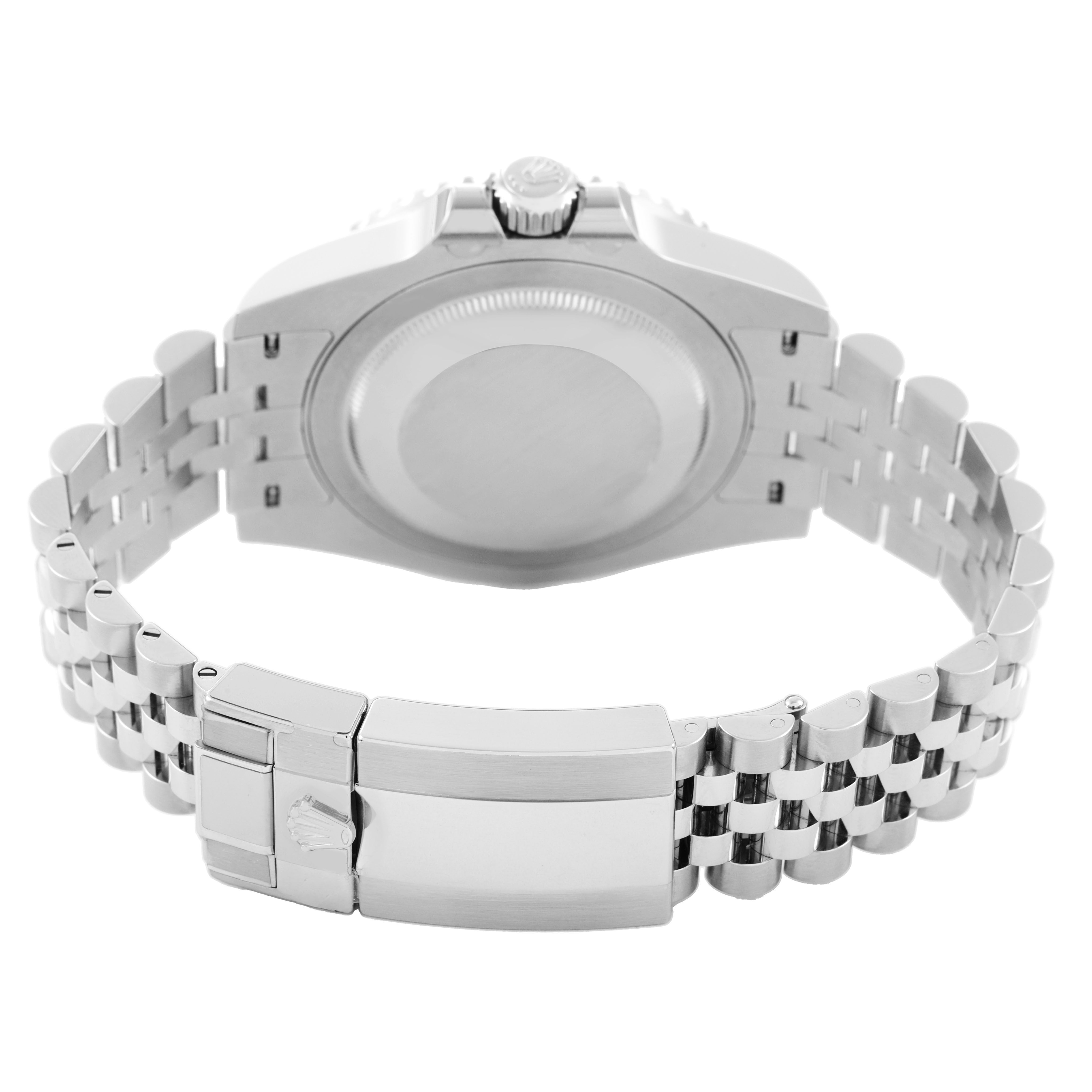 The image shows the back case and bracelet clasp of a Rolex GMT-Master 126710GRNR Men's Stainless Steel Black Dial watch.