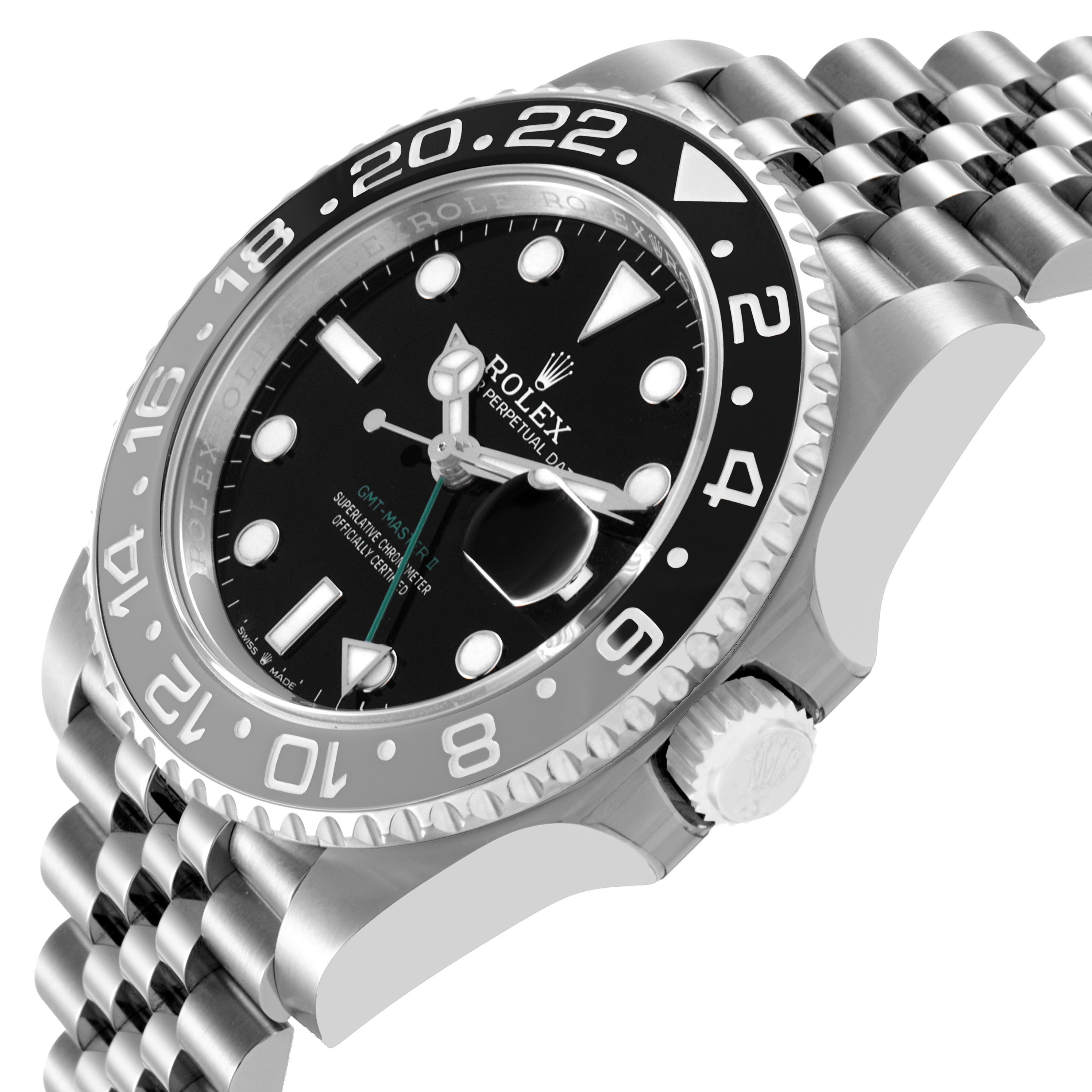 The Rolex GMT-Master 126710GRNR Men's Stainless Steel Black Dial watch is shown at a side angle, highlighting the bezel, dial, crown, and bracelet.