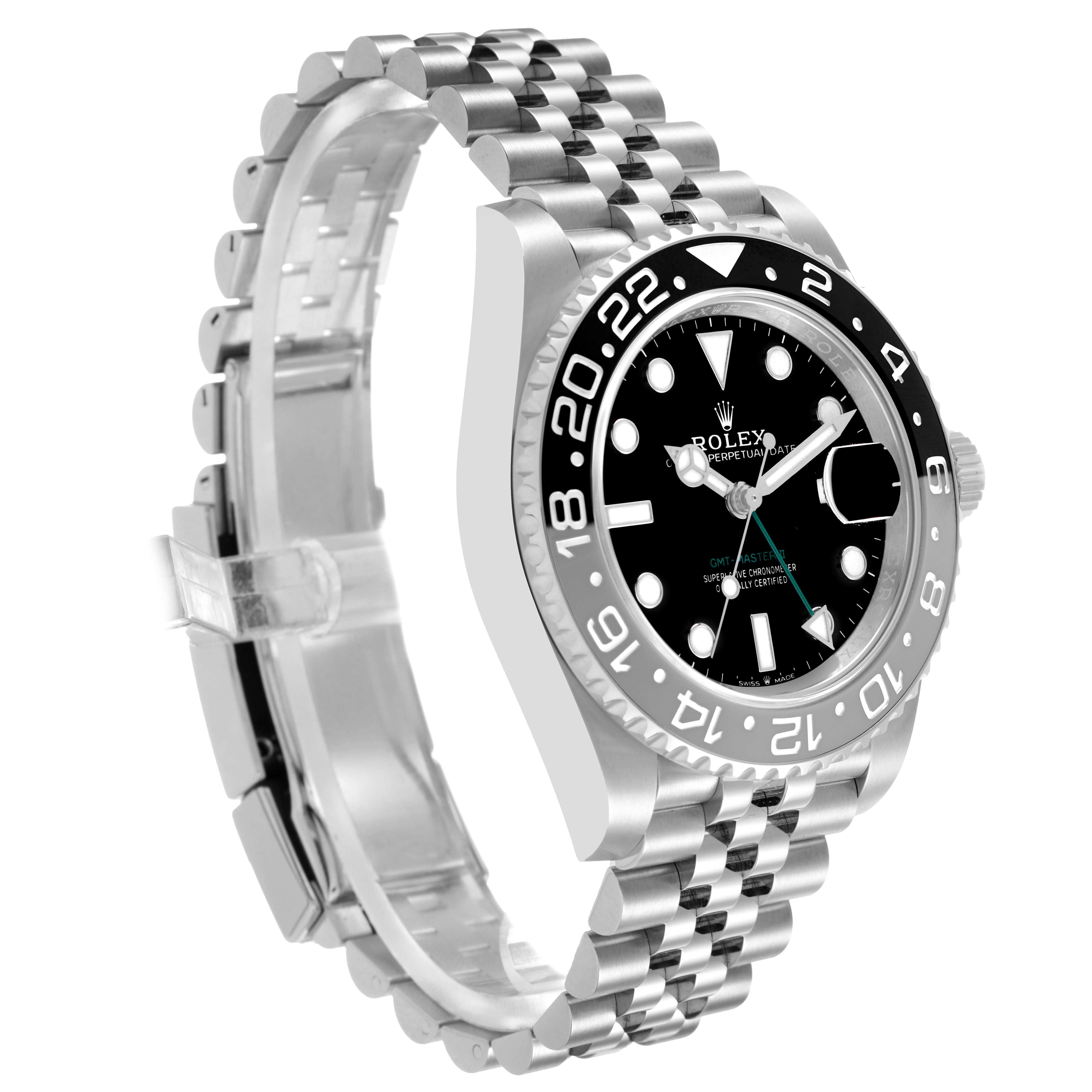 The image shows a Rolex GMT-Master 126710GRNR Men's Stainless Steel Black Dial watch at an angled side view, highlighting the bezel, dial, and bracelet.