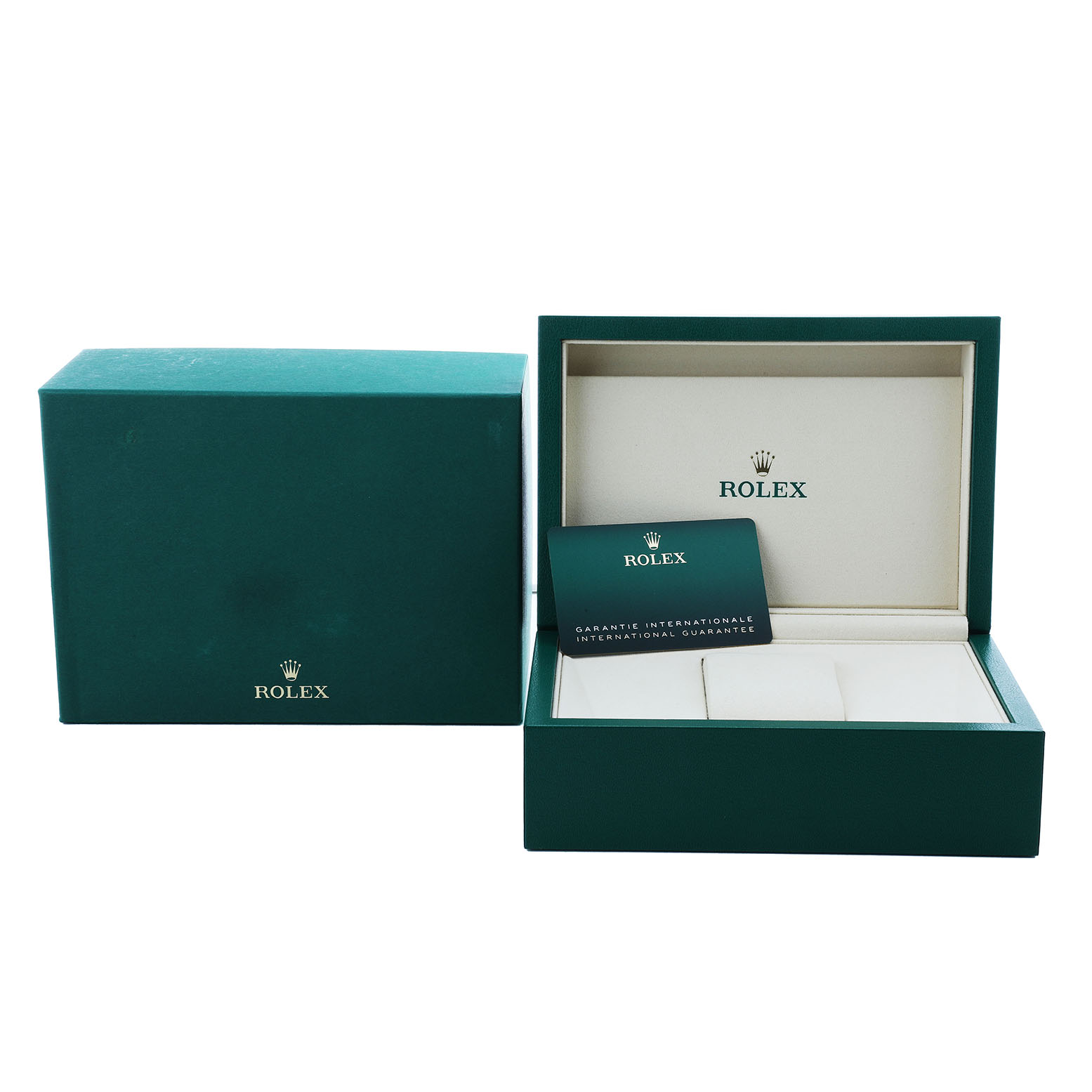 The image shows a Rolex GMT-Master 126710GRNR Men's Stainless Steel Black Dial watch box with an open lid and a warranty card.