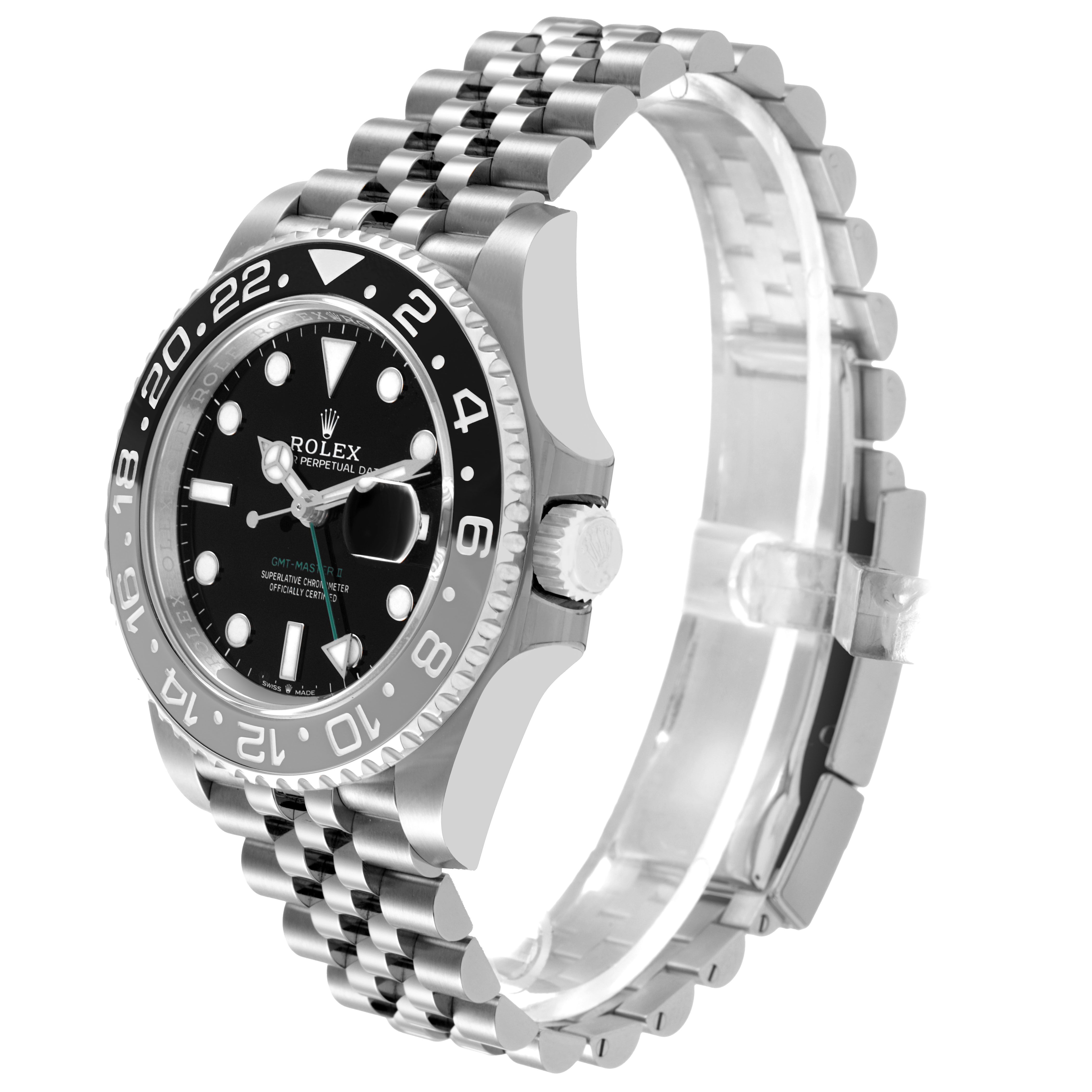 The image shows a side view of a Rolex GMT-Master 126710GRNR Men's Stainless Steel Black Dial watch, highlighting the bezel, dial, and Jubilee bracelet.