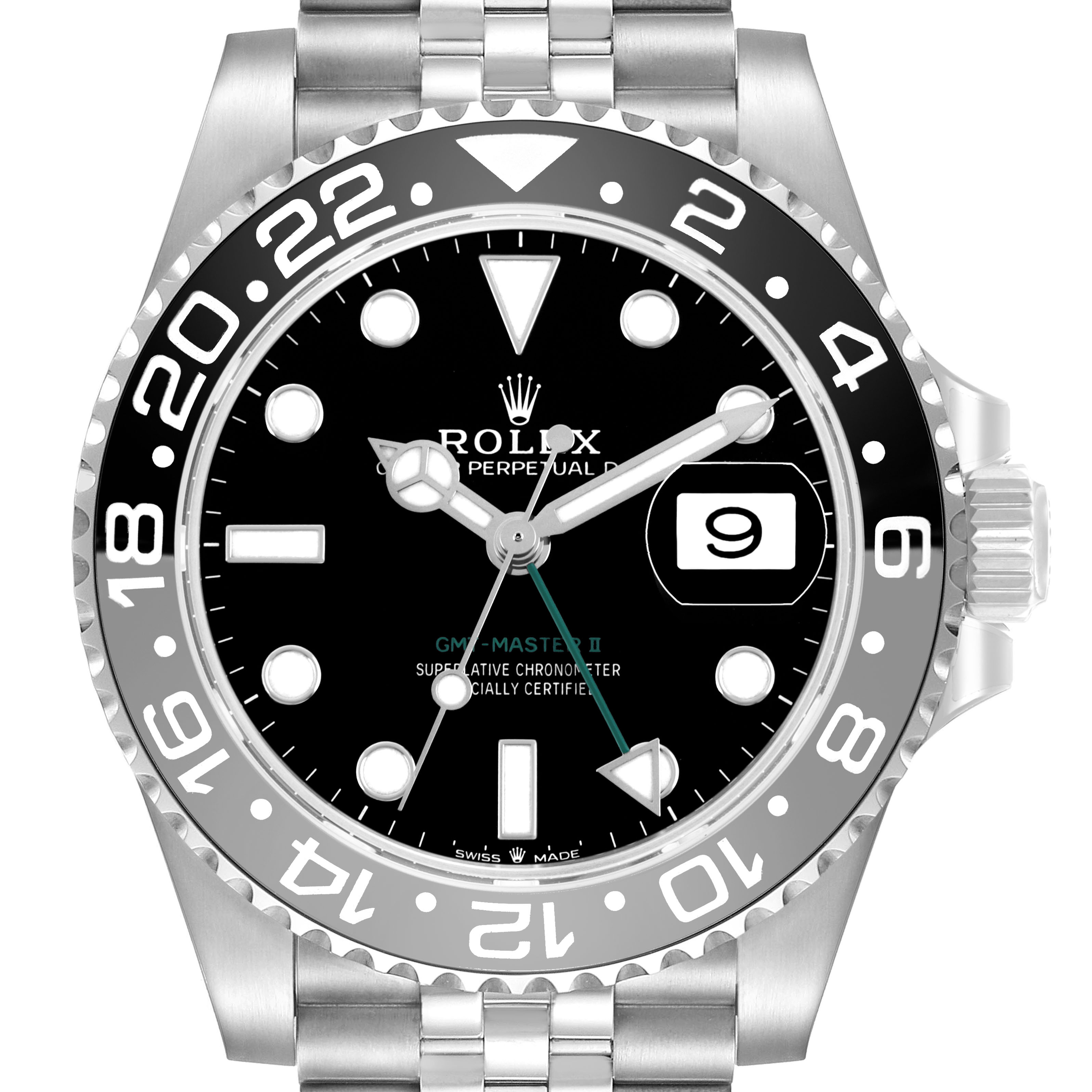 This Rolex GMT-Master 126710GRNR Men's Stainless Steel Black Dial model is shown from the front, displaying the bezel, dial, hands, and part of the bracelet.