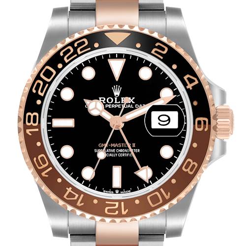 The image shows a Rolex GMT-Master 126711 Men's Steel and Gold (two tone) Black Dial II watch face from the front, highlighting its bezel, dial, and partially visible bracelet.