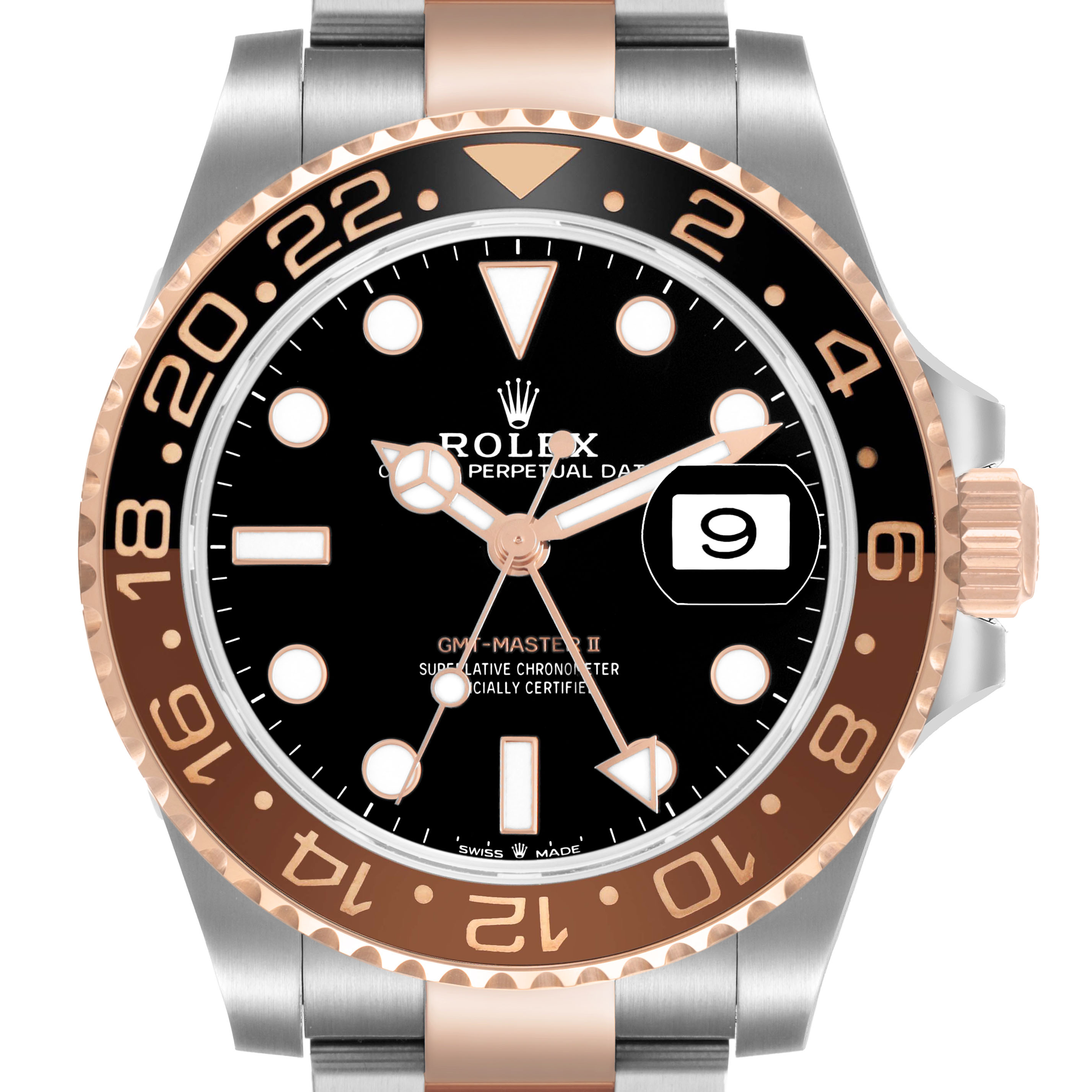 The image shows a frontal view of the Rolex GMT-Master 126711 Men's Steel and Gold (two tone) Black Dial II, highlighting the bezel, dial, and date feature.