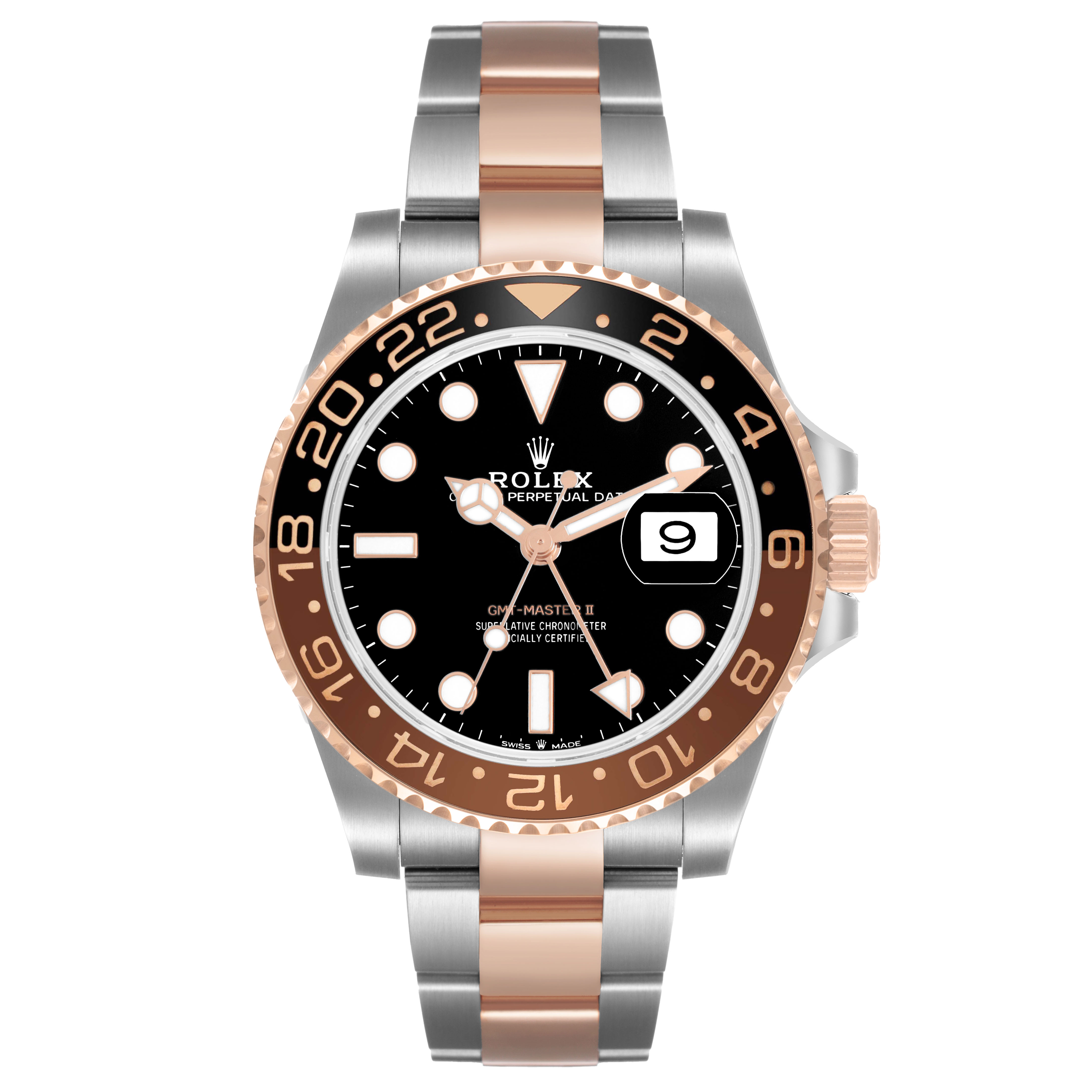 The Rolex GMT-Master 126711 Men's Steel and Gold (two tone) Black Dial II is shown from the front, displaying the bezel, dial, hands, date window, and two-tone bracelet.