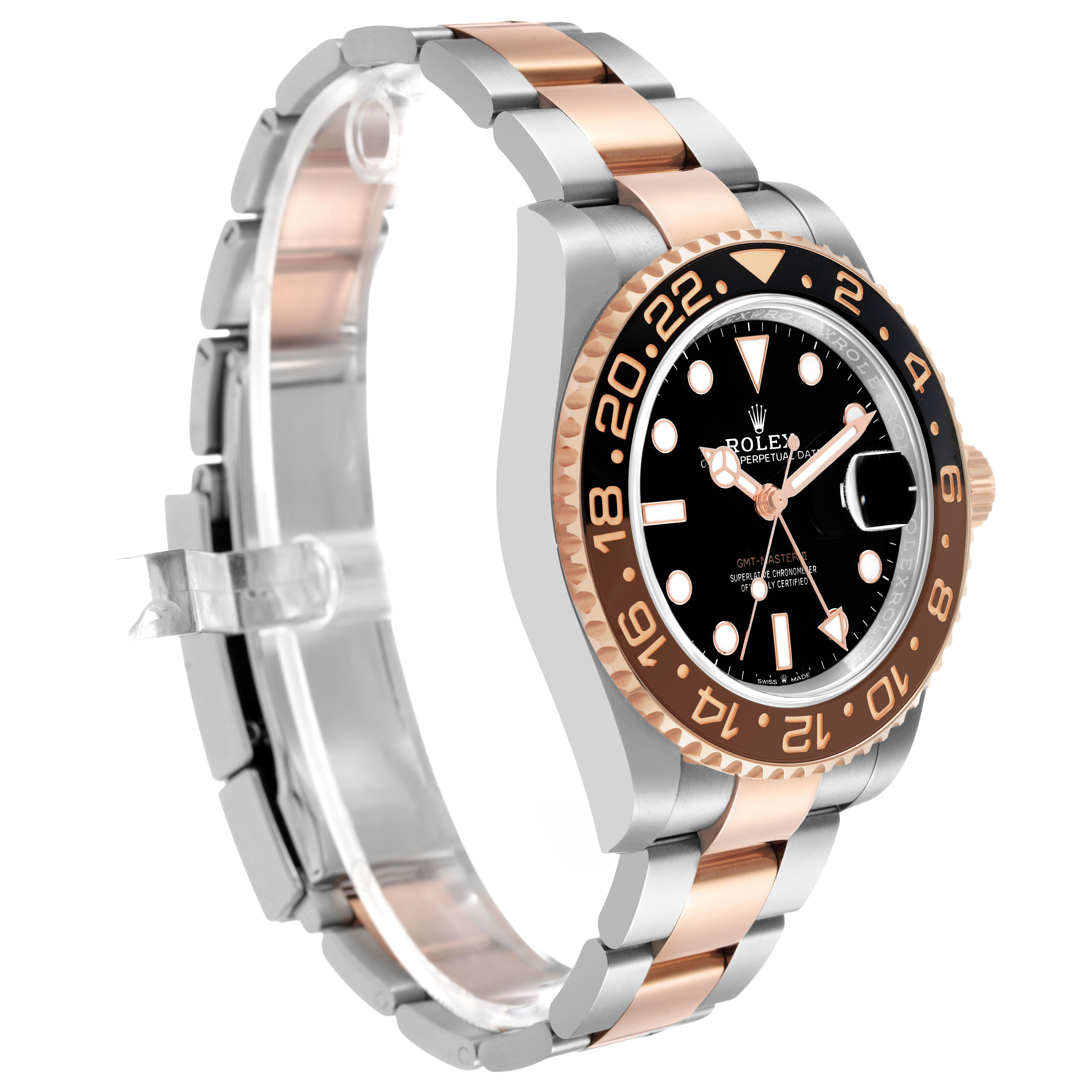 The Rolex GMT-Master 126711 Men's Steel and Gold (two tone) Black Dial model is shown at an angled side view, highlighting the bezel, crown, and two-tone bracelet.