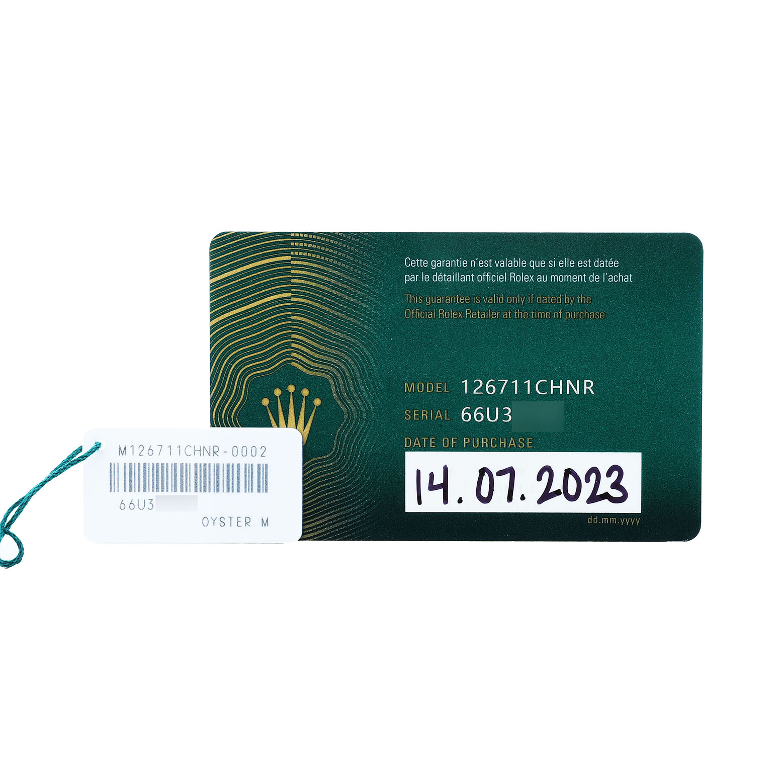 The image shows a warranty card and tag for the Rolex GMT-Master 126711 Men's Steel and Gold (two tone) Black Dial model 126711CHNR.