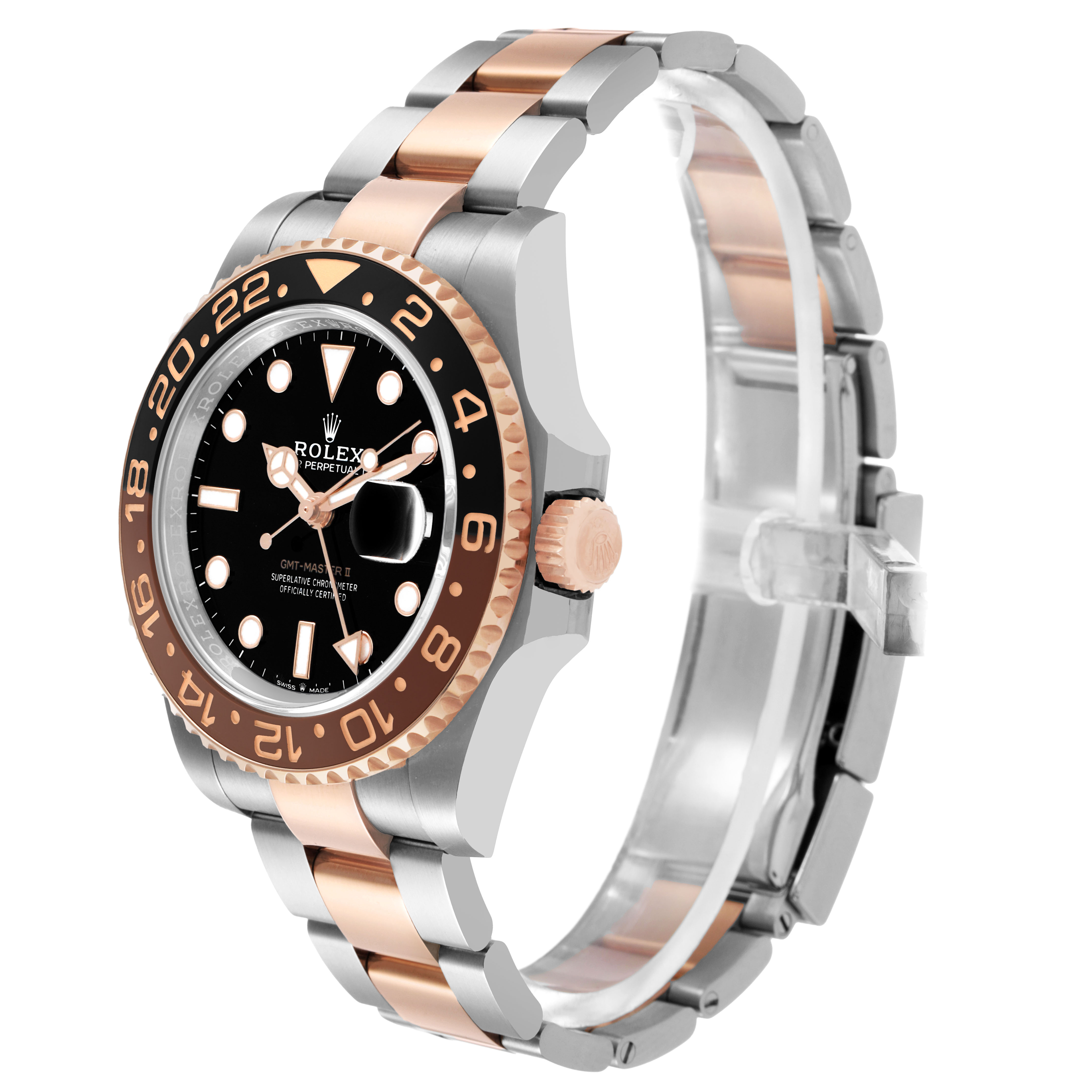 The Rolex GMT-Master 126711 Men's Steel and Gold (two tone) Black Dial watch is shown from a three-quarter angle, highlighting the bezel, crown, and bracelet design.