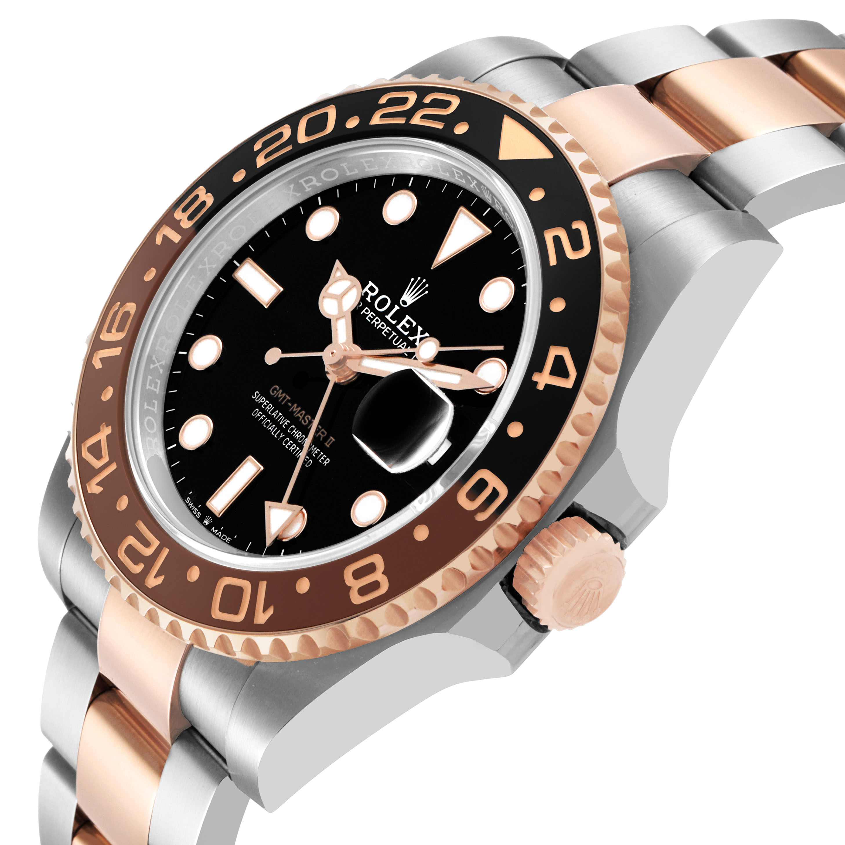 The Rolex GMT-Master 126711 Men's Steel and Gold (two tone) Black Dial watch is shown at an angled side view, highlighting the bezel, crown, and two-tone bracelet.