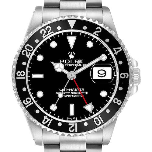 The Rolex GMT-Master 16700 Men's Stainless Steel Black Dial watch is shown from the front, displaying its bezel, face, hands, and date window.