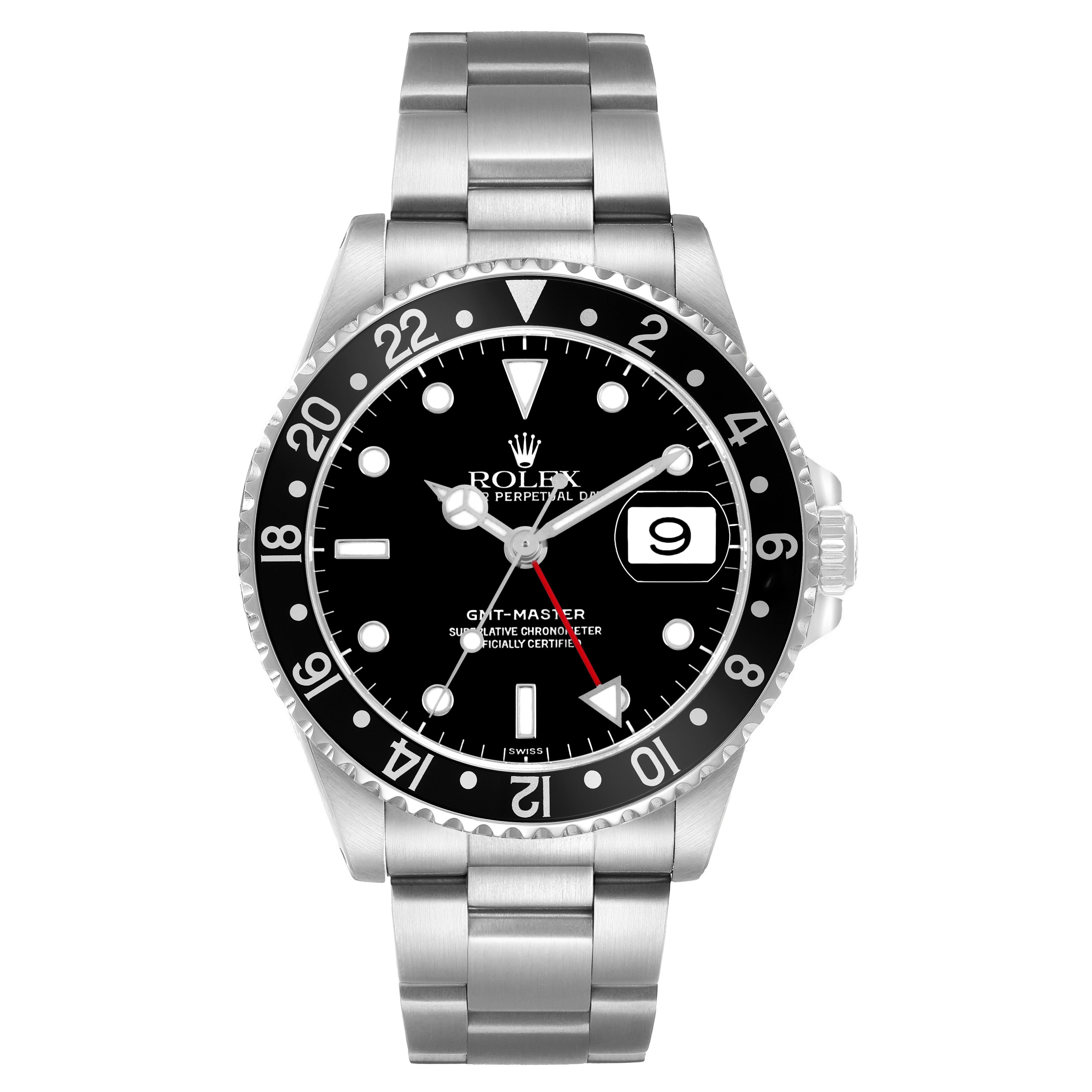 The Rolex GMT-Master 16700 Men's Stainless Steel Black Dial watch is shown from a front angle, displaying the dial, bezel, and part of the bracelet.