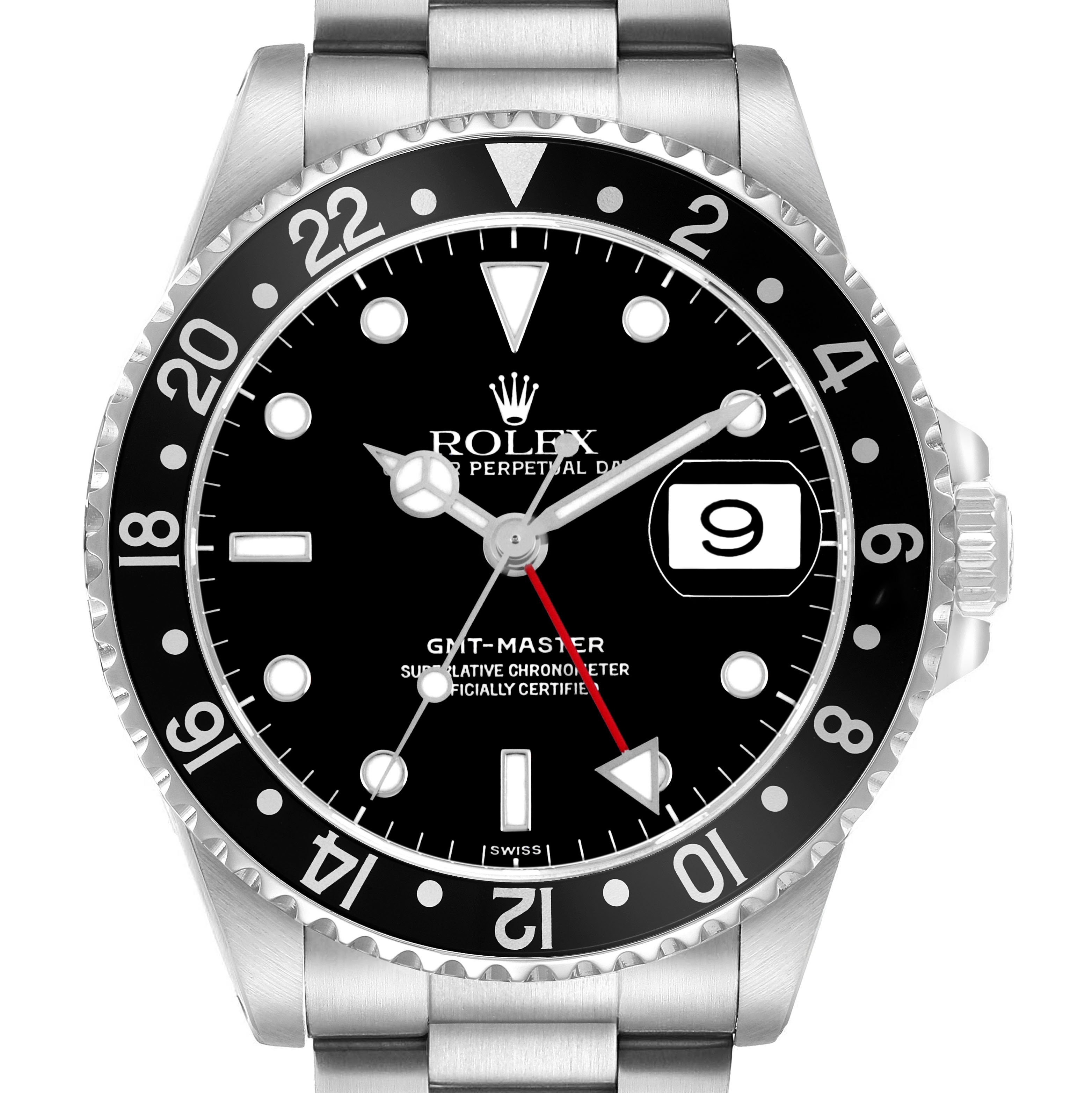 The Rolex GMT-Master 16700 Men's Stainless Steel Black Dial watch is shown from a front view, highlighting the bezel, dial, date window, and part of the bracelet.
