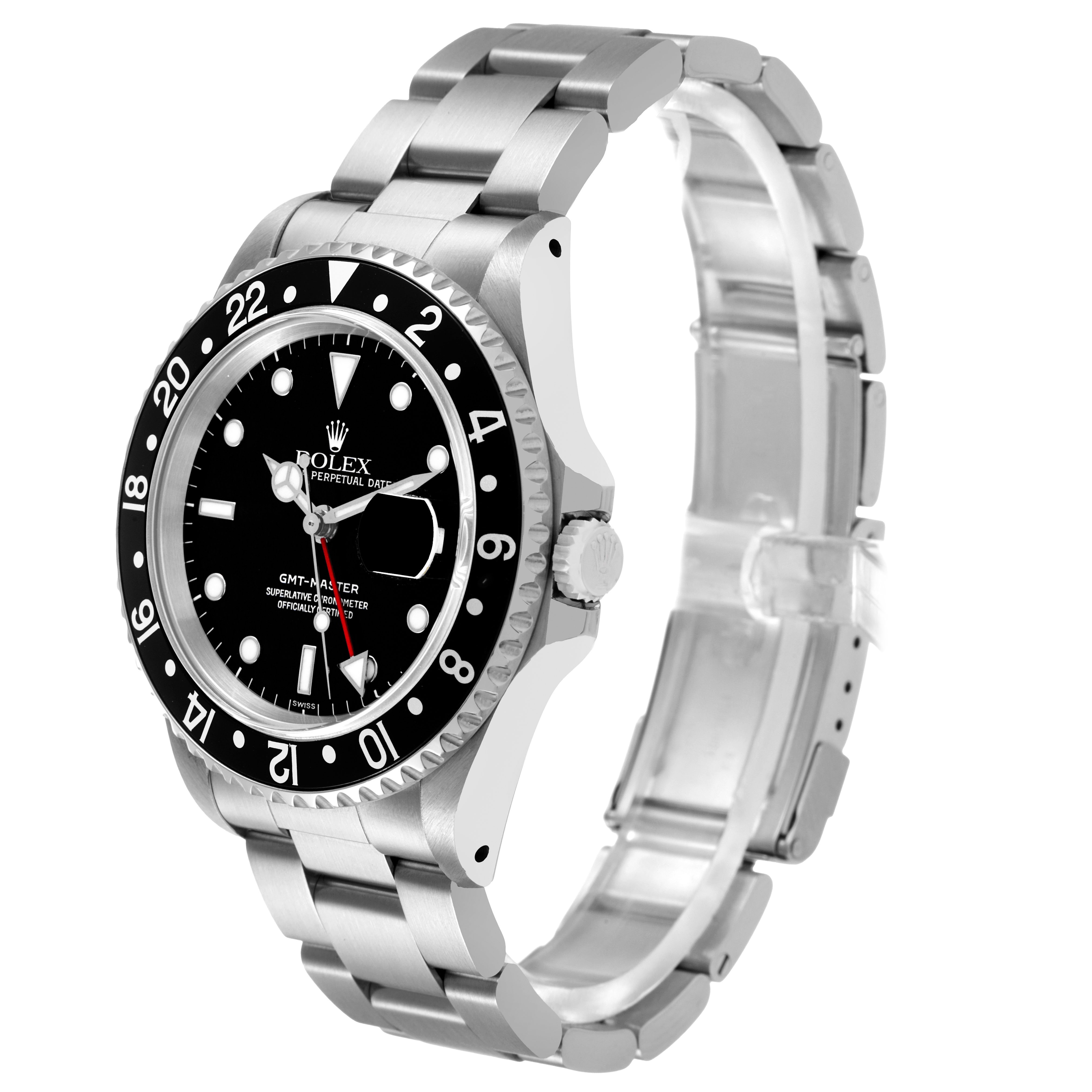 The Rolex GMT-Master 16700 Men's Stainless Steel Black Dial watch is shown at a three-quarter angle, displaying its bezel, dial, and bracelet.