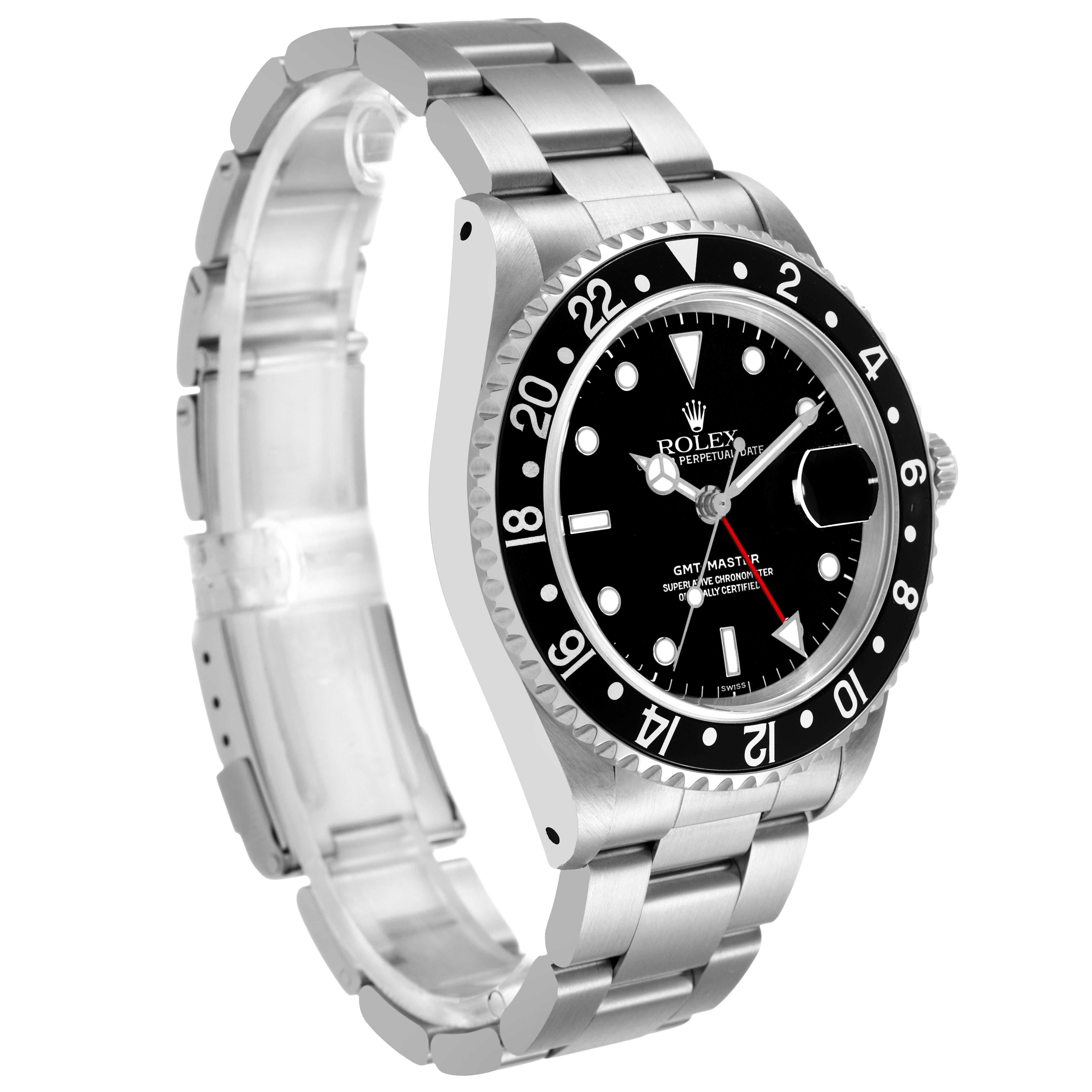 The Rolex GMT-Master 16700 Men's Stainless Steel Black Dial watch is shown from a front-side angle, displaying the dial, bezel, case, and bracelet.