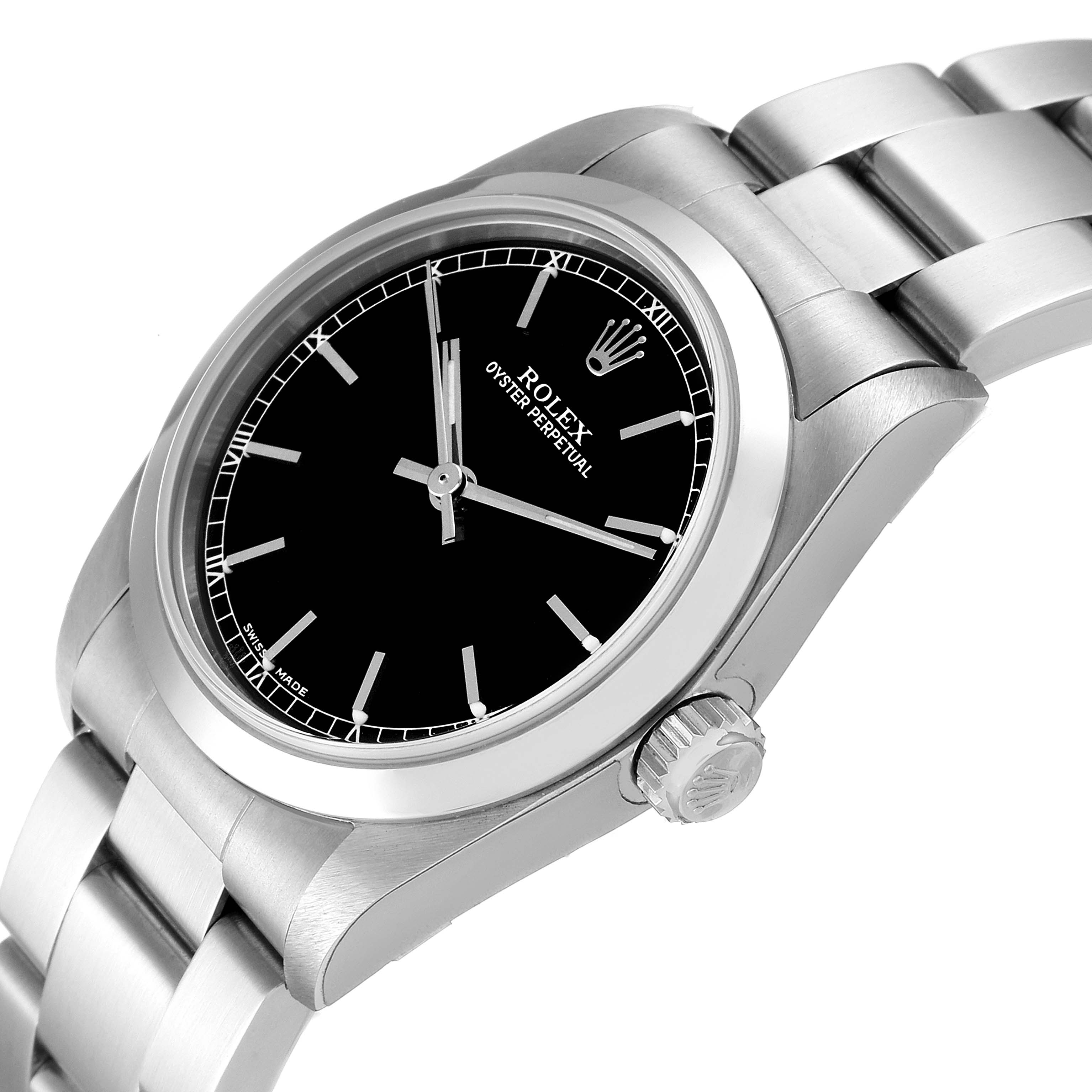 The image shows a side angle view of a Rolex Mid-Size 77080 Women's Stainless Steel Black Dial 77080 Women's Stainless Steel Black Dial model, highlighting the dial, case, and part of the bracelet.