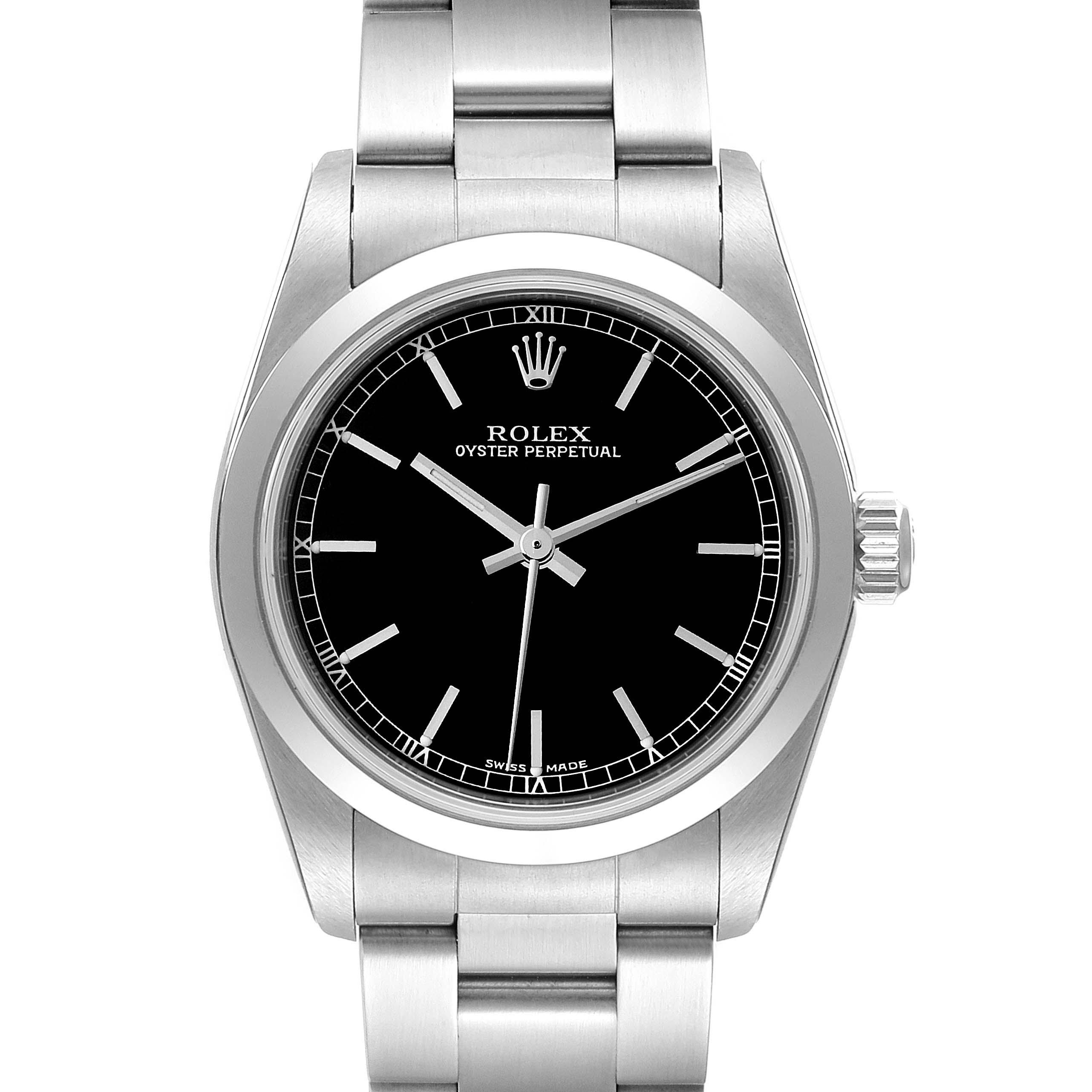 This image shows a front view of a Rolex Oyster Perpetual Mid-Size watch, highlighting the black dial and stainless steel bracelet.