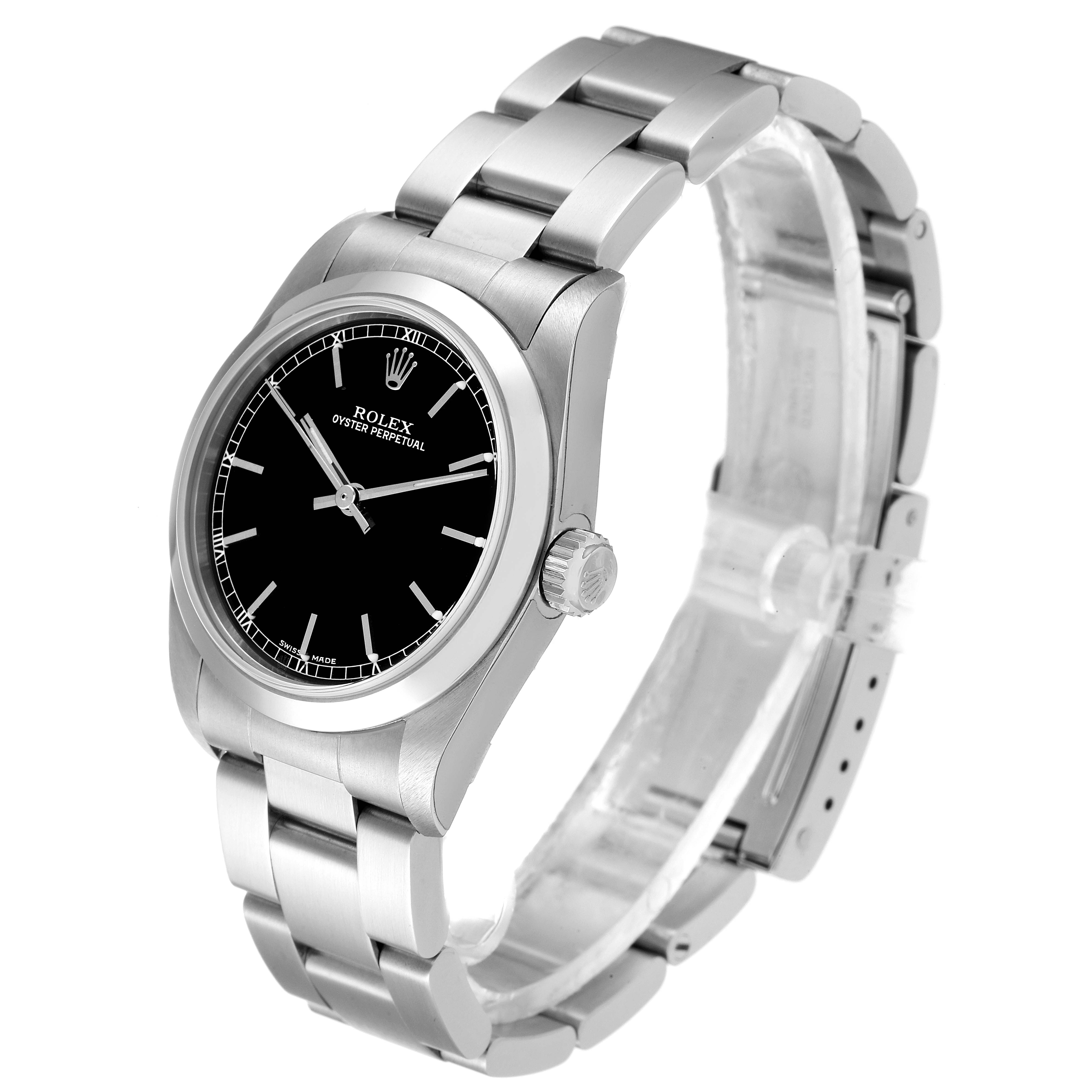 The image shows a Mid-Size Rolex Oyster Perpetual watch, captured at a three-quarter angle highlighting its face, case, and bracelet.